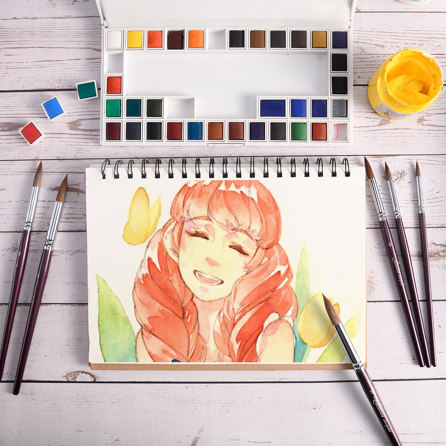 Golden Maple Juego de 6 pinceles de acuarela, pinceles profesionales de acuarela, redondos, pinceles para artistas, pinceles de acuarela para adultos, principiantes, acuarela, tintas, gouache