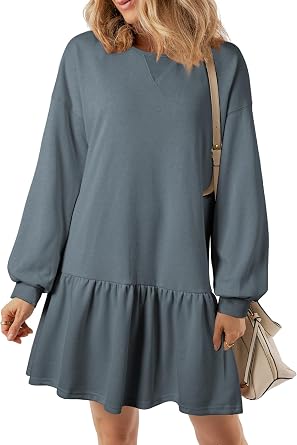 BLENCOT Womens Fall Long Sleeve Pullover Tops Crewneck Rib Knit Patchwork Sweatshirt Dress Casual Mini Dresses