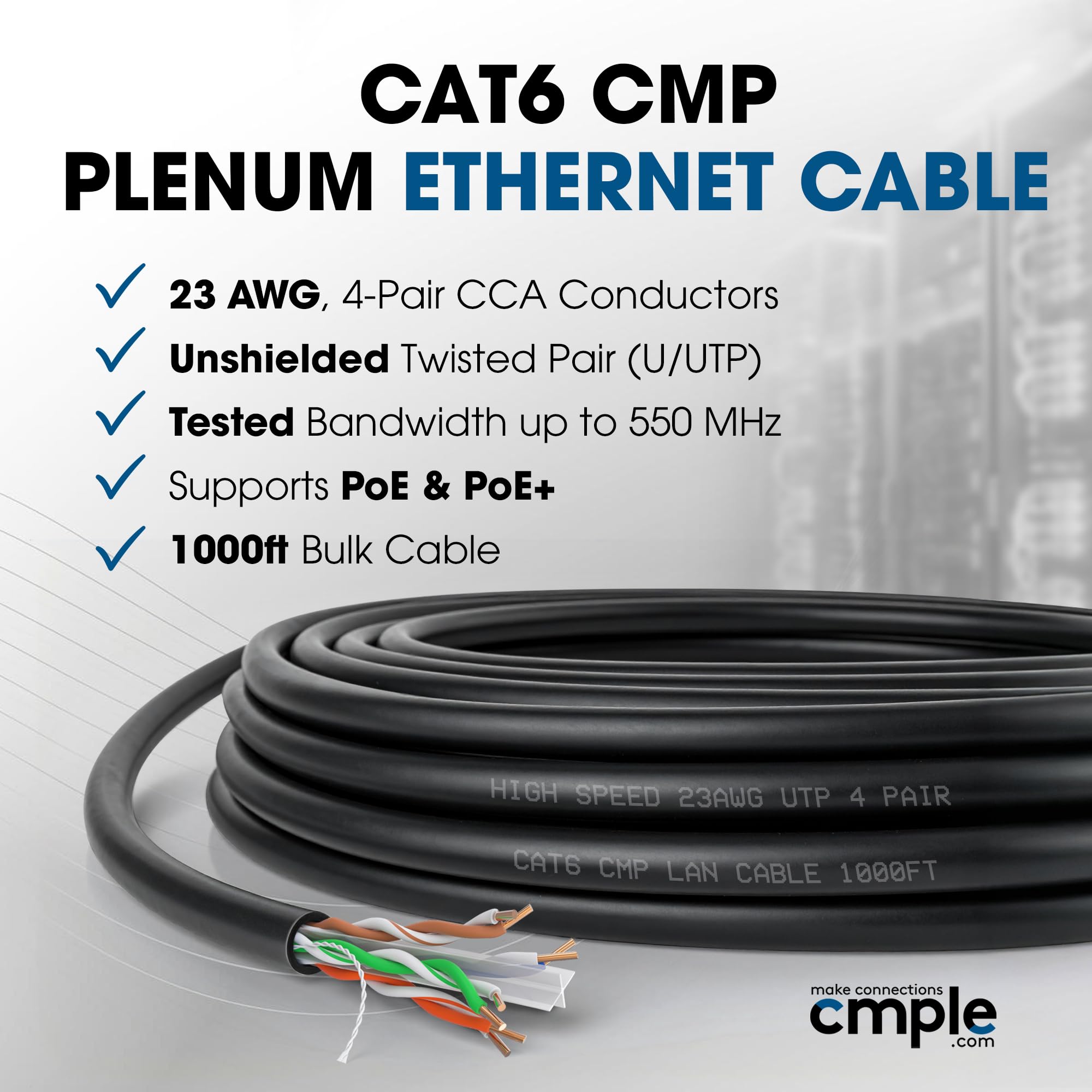 Cmple - Cable Ethernet Plenum Cat 6 de 1000 pies, cable Cat6 (CMP) 350 MHz par trenzado sin blindaje (UTP) 10 Gigabit cable de red sólido, cable Ethernet a granel, color negro