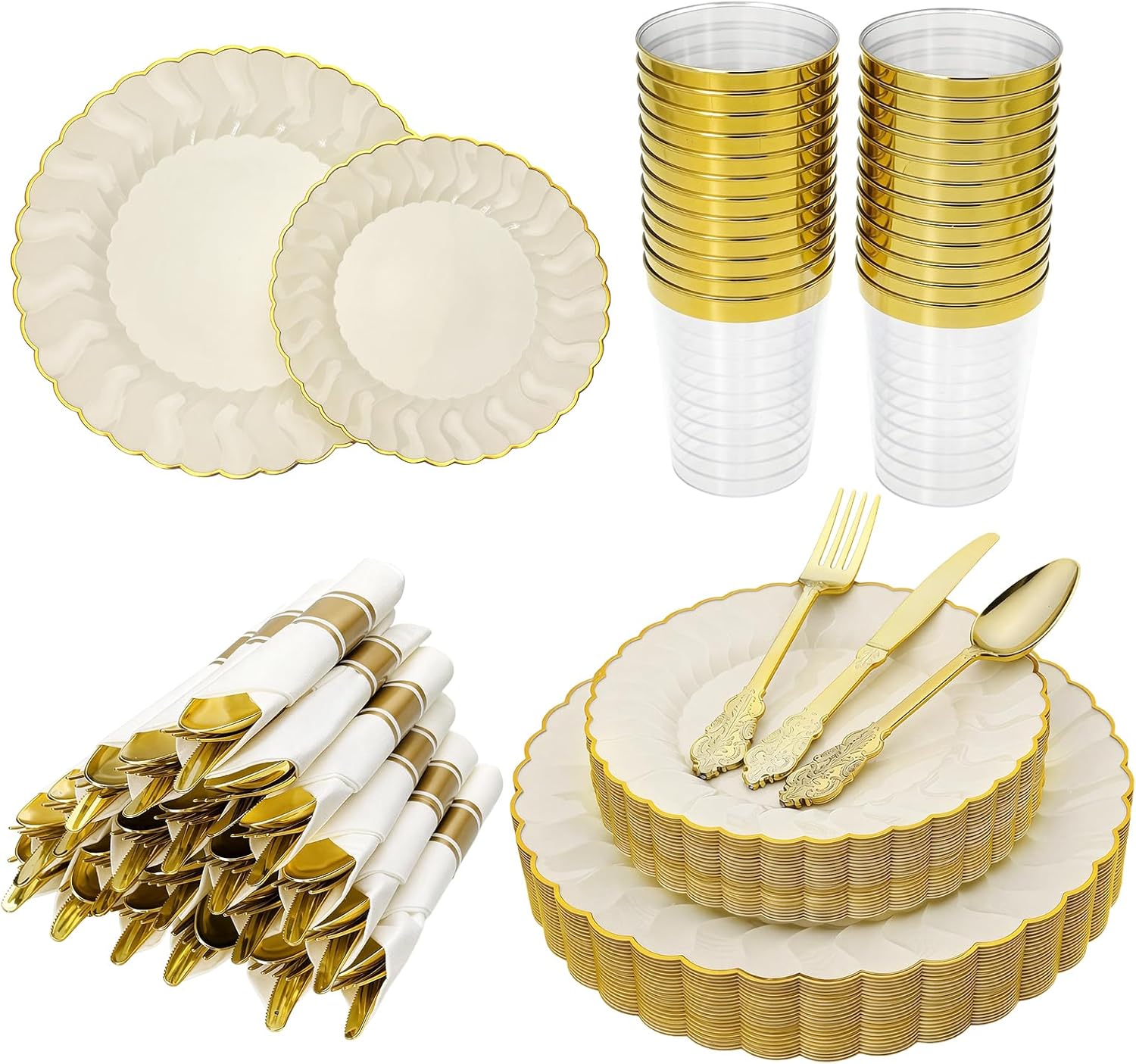 175 Pc Ivory Scalloped Plastic Plates Set | Complete Plates and Napkins Party Supplies for 25 Guests with Gold Cutlery, Cups & Napkins | Fancy Plastic Dinnerware Sets for Weddings (Beige-Set3)