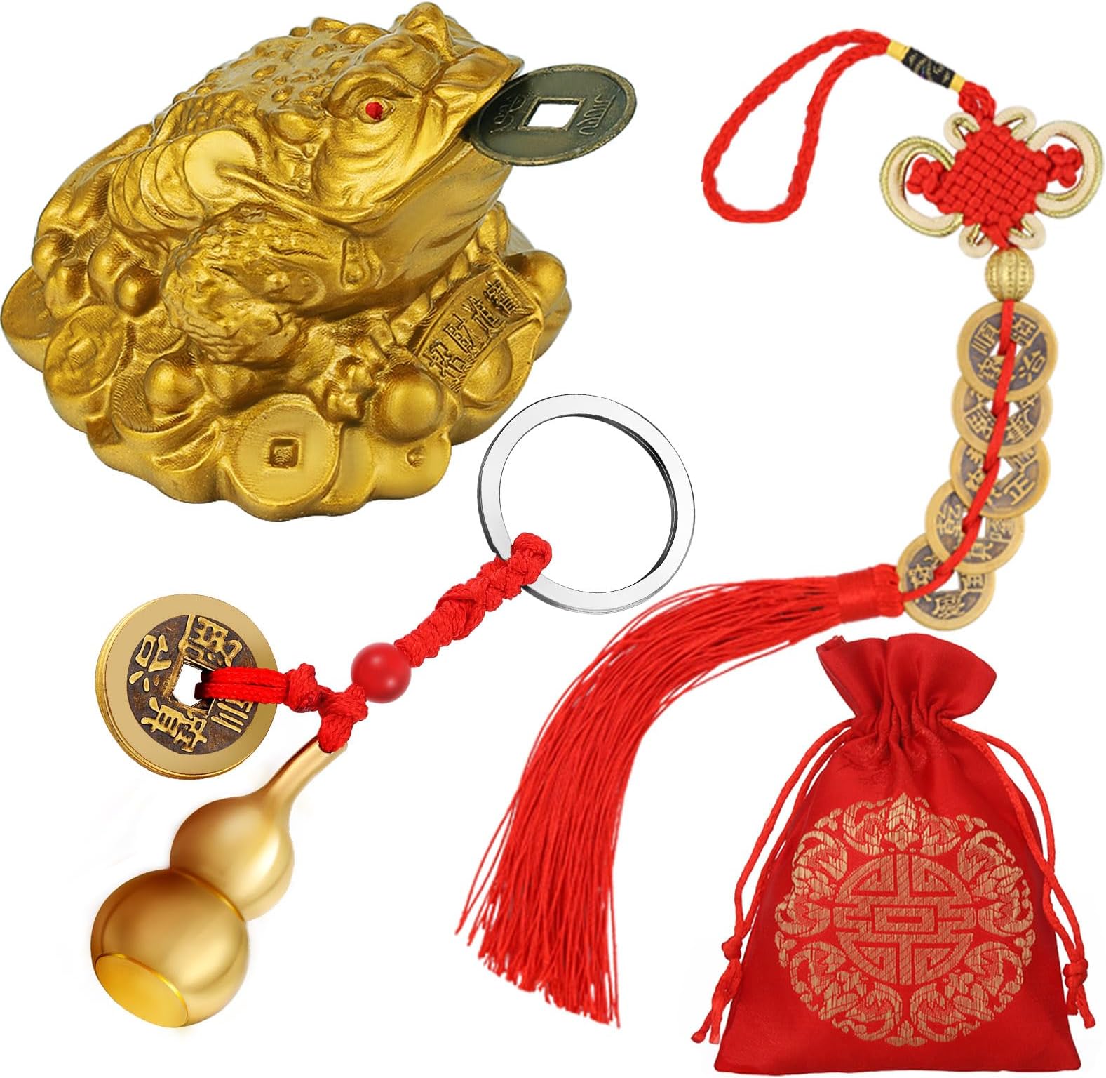 3 Pieces Feng Shui Money Frog Chinese Knot Lucky Coins Feng Shui Brass Wu Lou with Coins Keychain for Longevity Travel Safely Wealth Success and Good Luck with 1 Blessing Card and 1 Red Blessing Bag