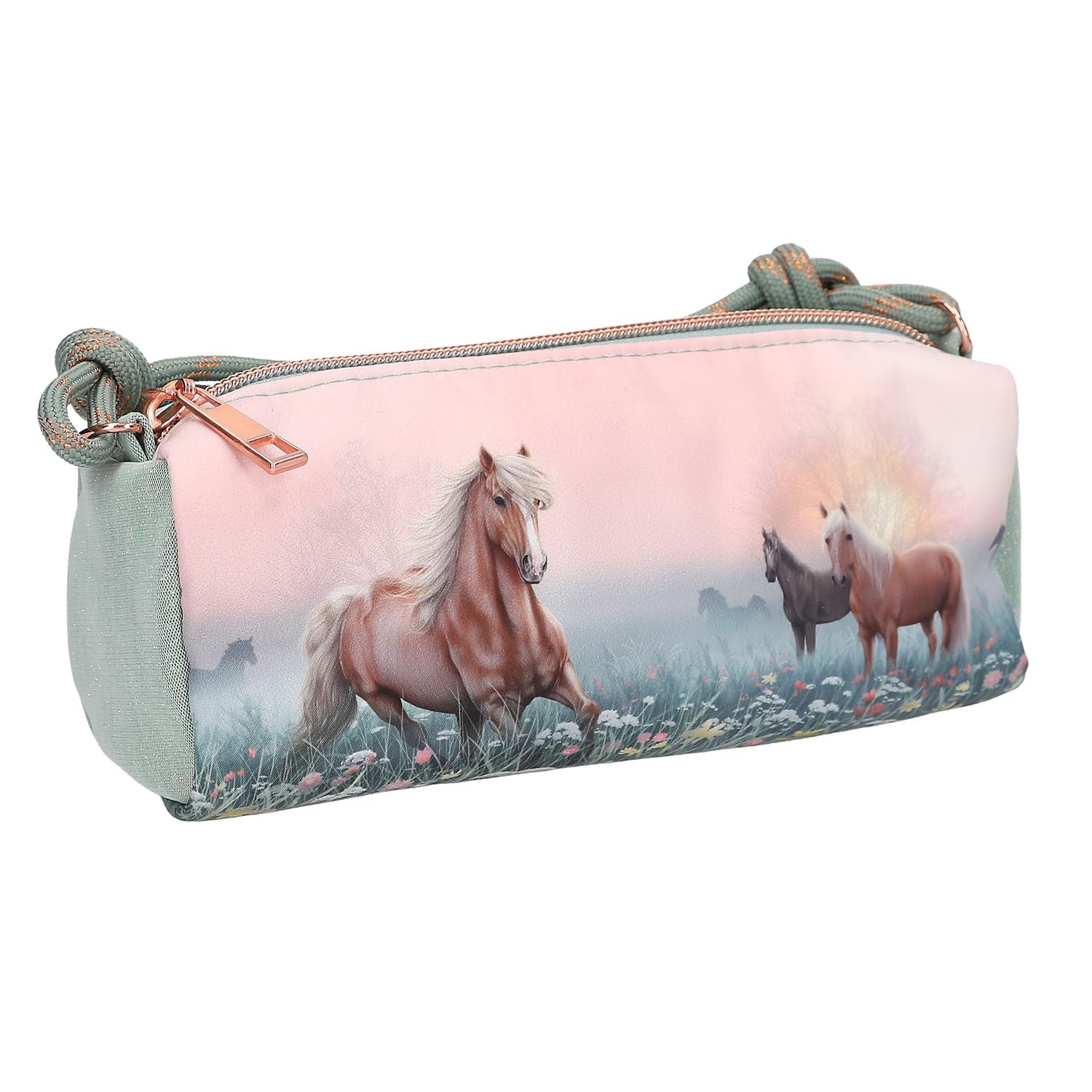 Depesche Miss Melody Romantic Fields 13404 Trousse à Crayons avec Cordon de Serrage Motif Cheval, Fleurs et Paillettes Vert et Rose