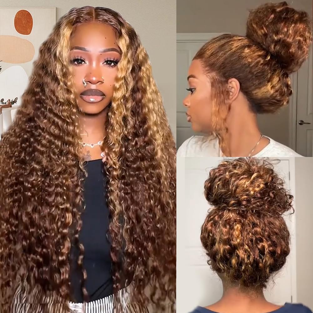 Ombre Honey Blonde 360 Lace Front Wigs Human Hair Invisi Strap Highlight Deep Wave Lace Front Wigs Human Hair 180 Density 360 HD Frontal Glueless Wigs Pre Plucked for Women 28 Inch