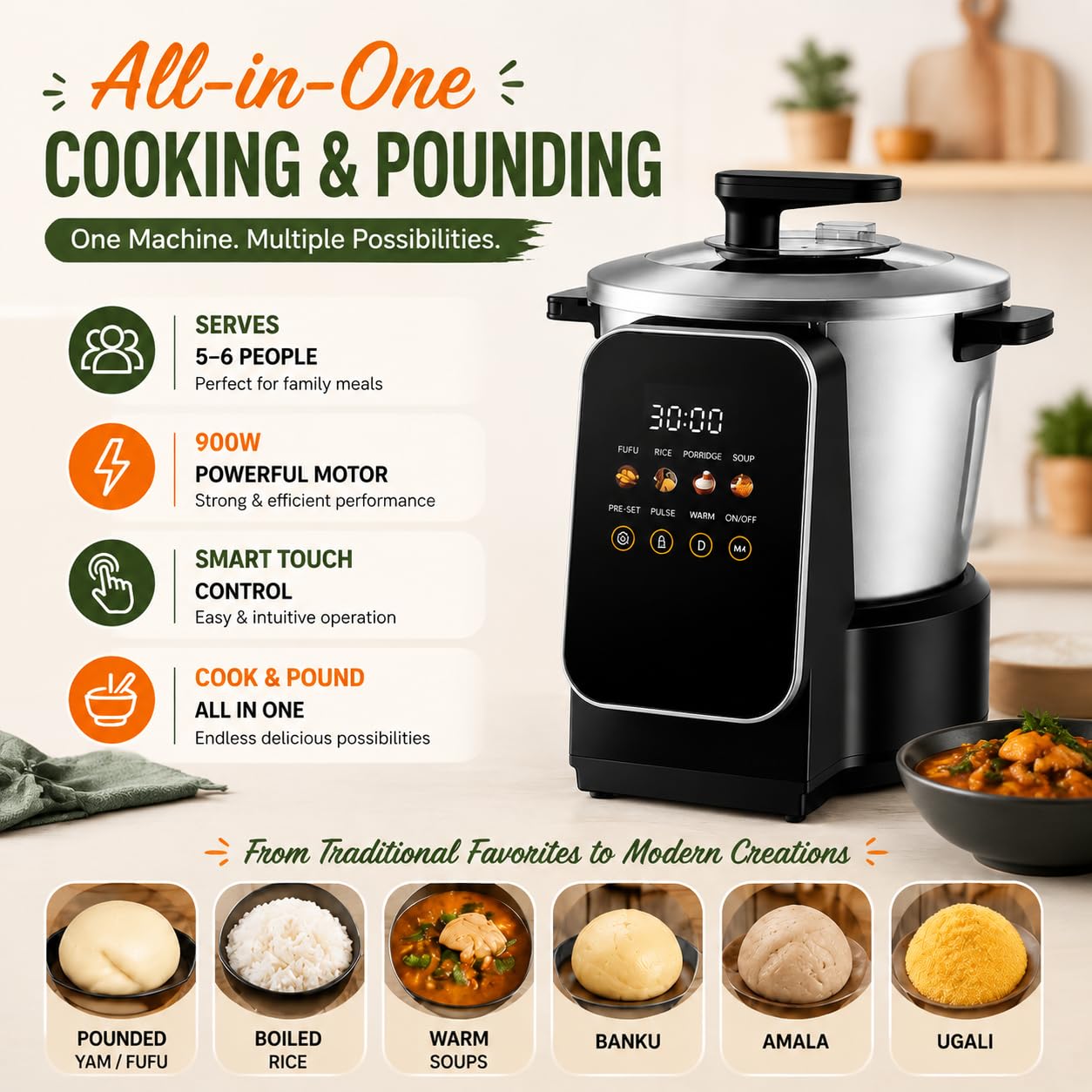 900W Automatischer Fufu Maker, 6L Fufu & Yam Stampfer Maschine