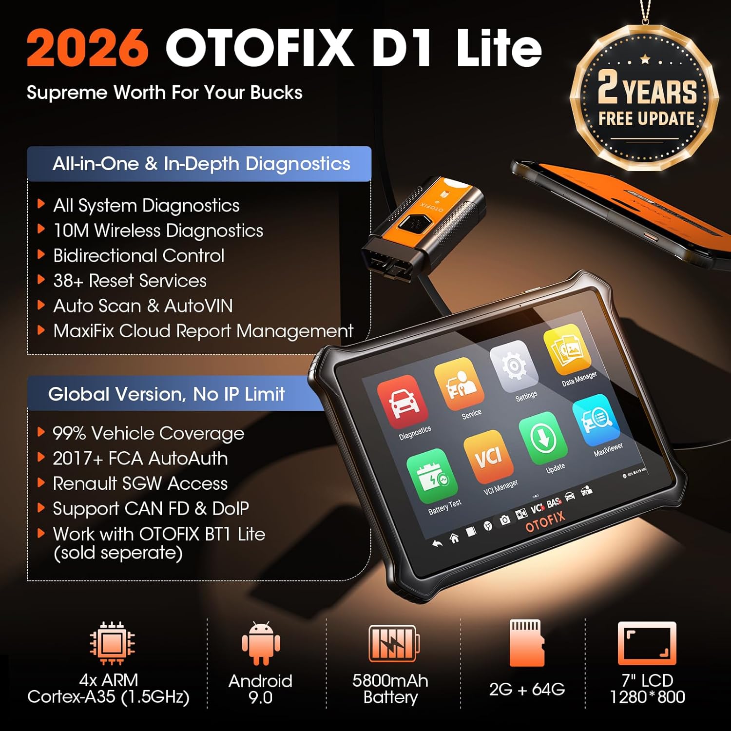 OTOFIX D1 Lite 2026 Bidirectional Scan Tool, Bluetooth OBD2 Scanner Diagnostic Tool, 2 Years Free Update, 38+ Services, CANFD & DoIP Protocols, All System Diagnoses, ABS Bleeding, Auto VIN