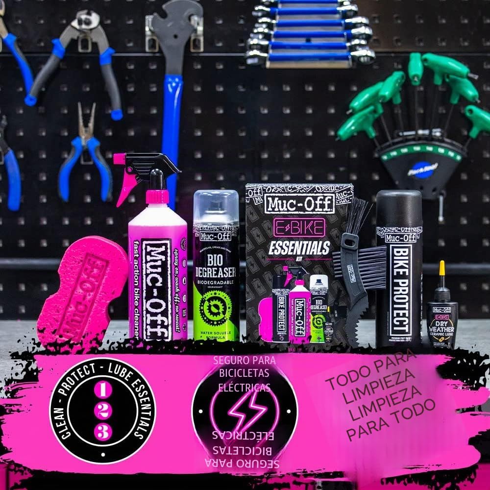 Muc-Off Kit de Limpieza de Bicicleta Electrica, Cuidados Esenciales para la Bicicleta - Productos Imprescindibles para Limpiar y Proteger tu eBike