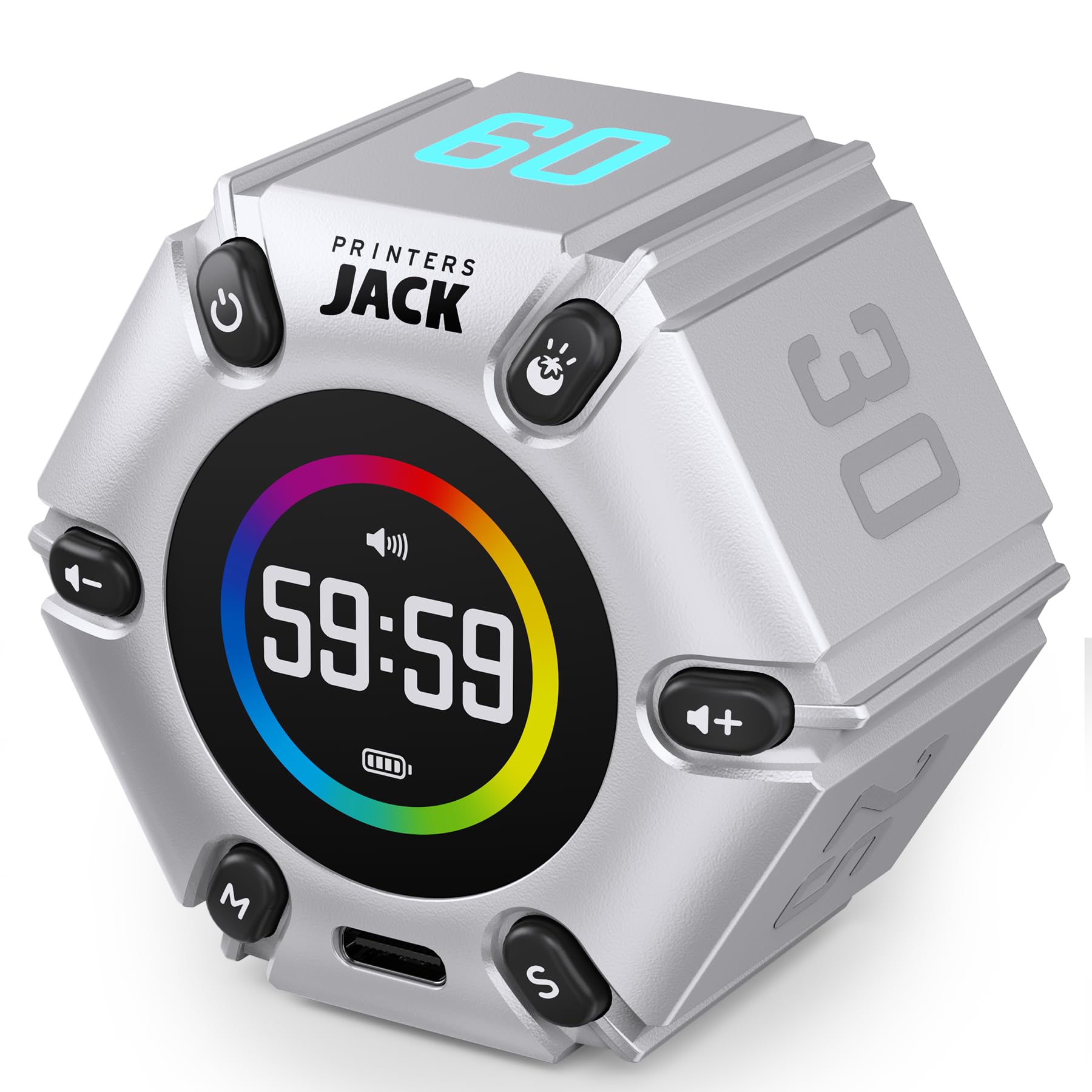 Photo 1 of Printers Jack Pomodoro Timer - Productivity Cube, Visual Focus Timer, Mute & Vibration & Adjustable Sound Alert, for Office, ADHD, Study, Work, 3/5/10/25/30/60min & Custom Countdown - Silver