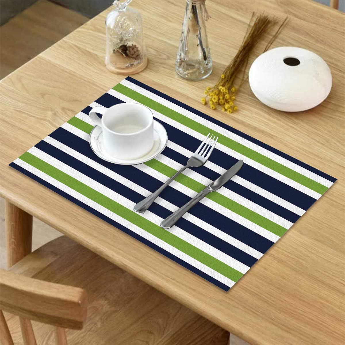 Frее Shірріng 🛒 Placemats for Dining Table Set of 6, Navy Blue Lime Green and White Striped Table Mats Stain Resistant Heat Insulation Non-Slip Washable Table Decoration for Kitchen, Modern Design