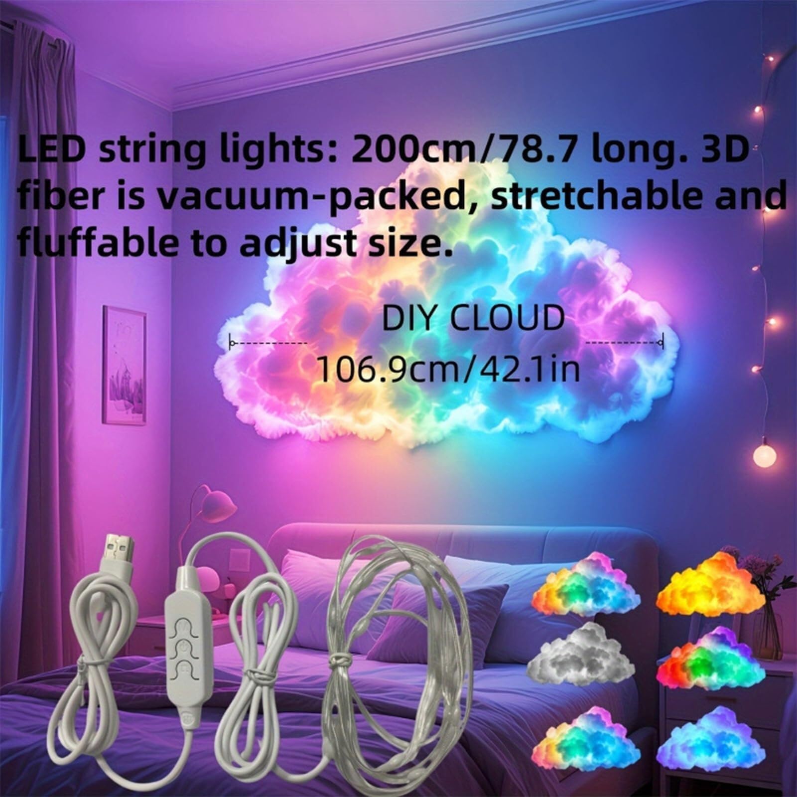 Lámpara de Nube de Tormenta LED 3D, USB, Multicolor | Algodón 3D, sincronización musical, modos ajustables. Ideal para juegos, Halloween o dormitorios.(800cm/314.96in)