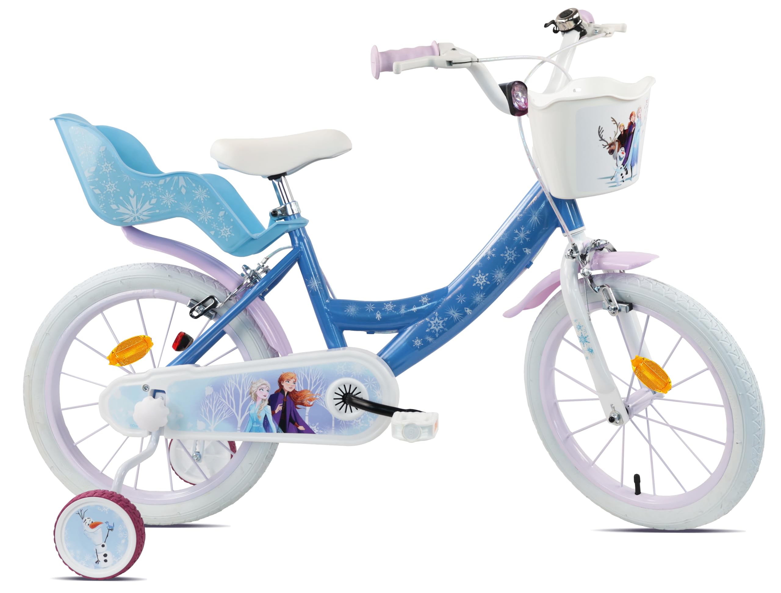 Vélo 16'' Fille Reine des Neiges/Licence Frozen de Disney - 2 Freins Caliper - Pneus Gonflables - Panier Avant - Porte-poupée arrière - Garde-Boue 2 Stabilisateurs + Casque Frozen Inclus !