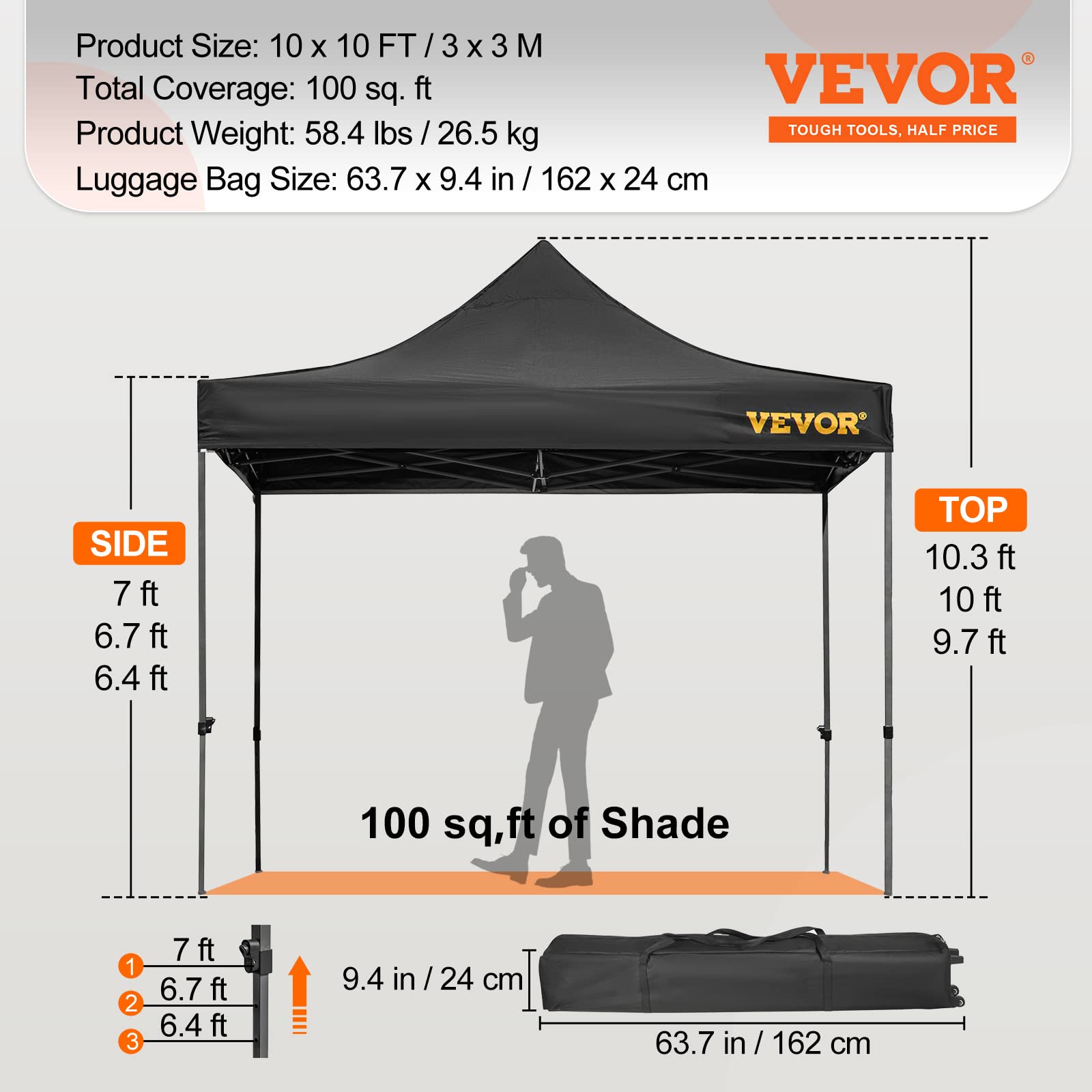 VEVOR Carpa Plegable con Paredes Laterales Cenador Plegable de 3 x 3 m Carpas Impermeables de PVC con Bolsa de Tela Cenador para Exteriores 3 Alturas Ajustables Negro para Fiestas, Bodas, Reuniones