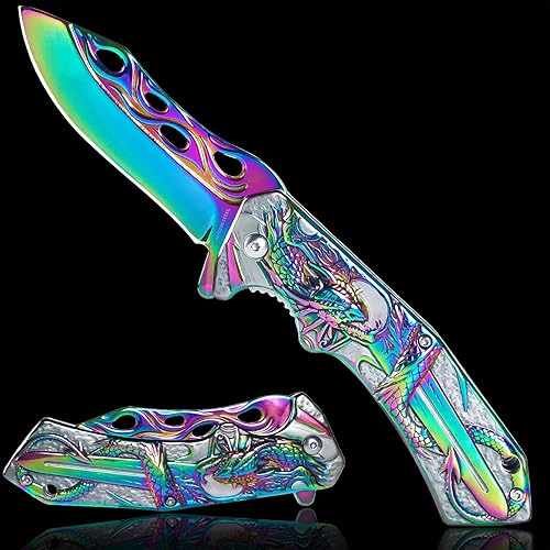 Navaja de bolsillo para hombre, Cool Rainbow 3D DRAGON Cuchillo plegable de bolsillo con clip, gran regalo, cuchillo Edc para hombres, supervivencia