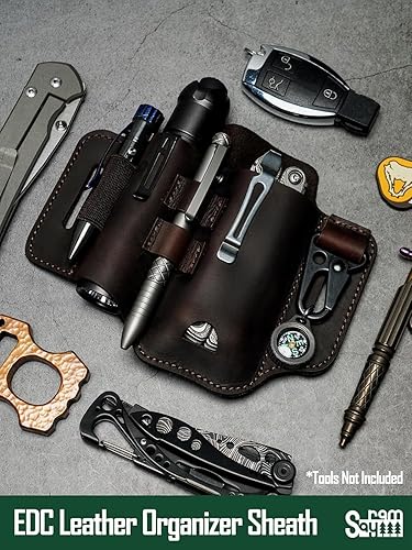 Vista 21 de Funda multiherramienta de cuero ST1 – Organizador de cinturón EDC para herramientas Leatherman, linterna, bolígrafo y clip para llavero, duradero