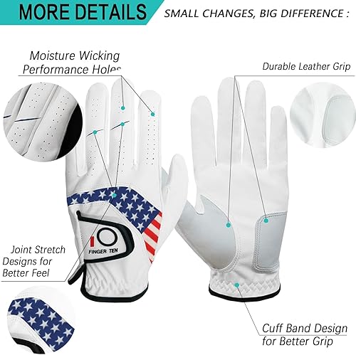 Miniatura 3 de FINGER TEN Guantes de golf para hombre para mano izquierda y derecha, paquete de 5, guantes de golf para diestros y zurdos, agarre para todo tipo de
