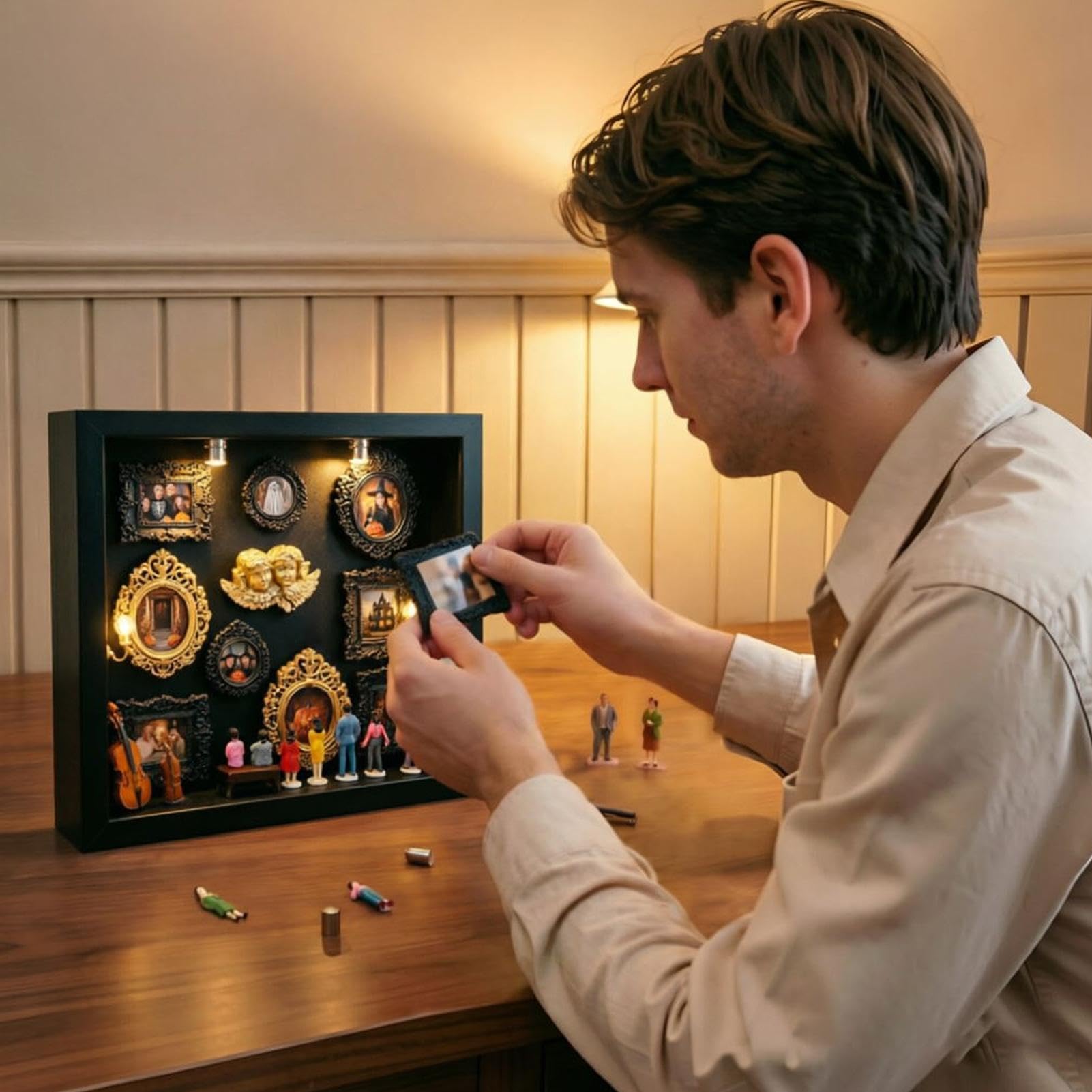 Marco Sombra para Recuerdos Fácil Instalación con Figuras de Personas | Minicaja Expositora Dorada con Marco Para Bodas Cumpleaños Estrenos de Casa Madre Novia Familia