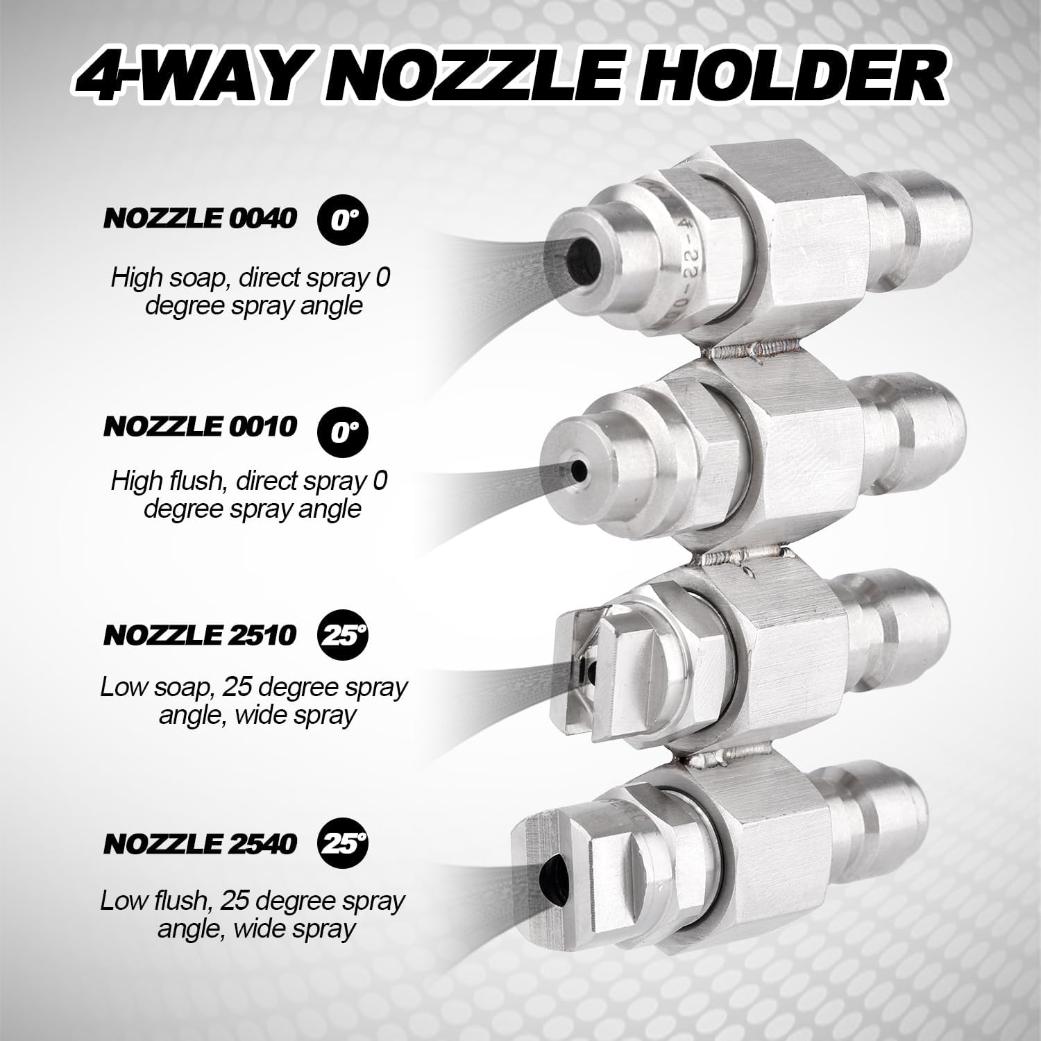 Washing Tip Holder for 4 GPM Pressure Washer, 4 Way Spray Modes Pressure Washer Nozzle Stainless Steel Power Washing Tips for Quick Connecting Pressure Washer Accessories