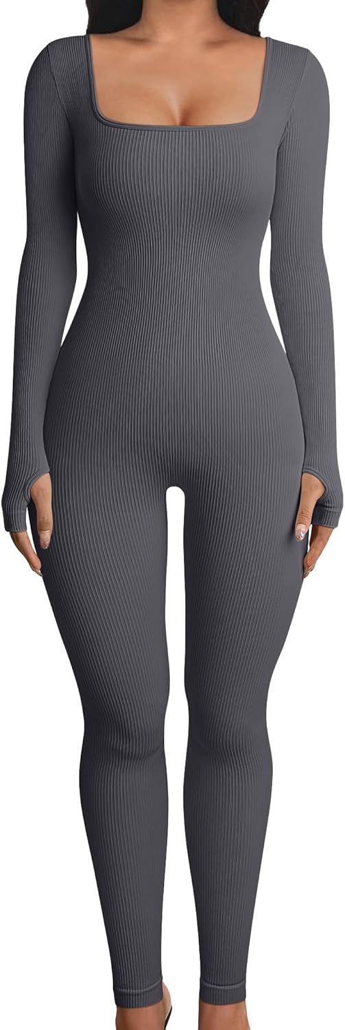 OQQ Women Long Sleeve Yoga Jumpsuits Workout Ribbed Bodysuits Pants Sexy One Piece