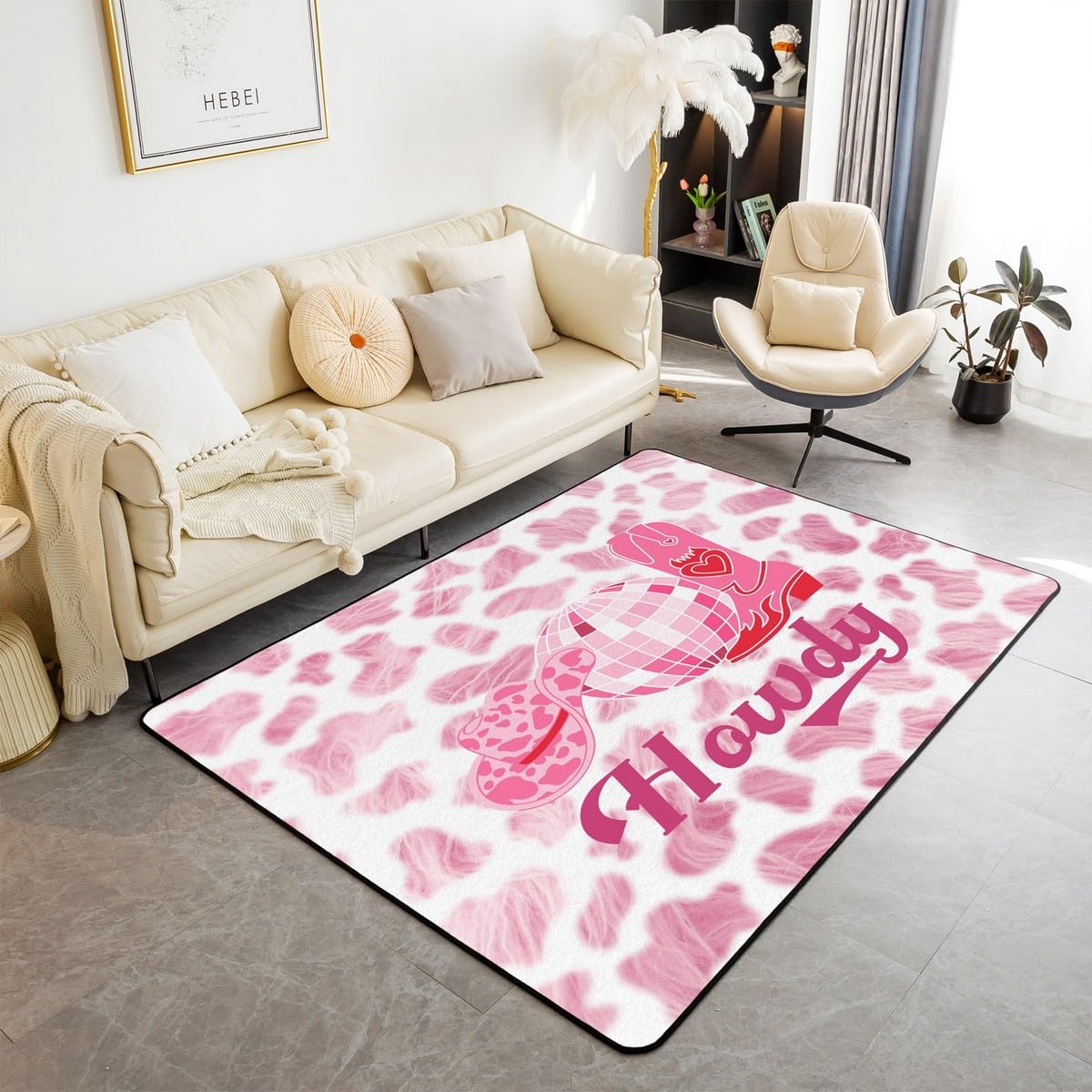 Feelyou Pink Western Area Rug 3x5 Kids Cowgirl Decorative Carpet for Boys Teens Disco Ball Cowboy Shoes Hat Western Living Room Rugs Cow Fur Printed