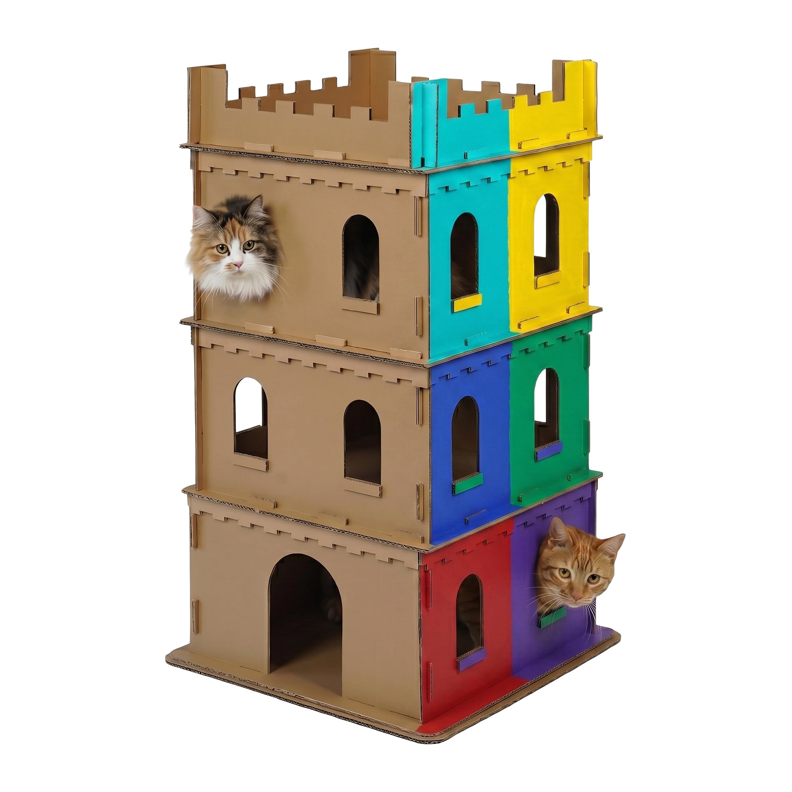 Relaxdays Castillo de Gatos, 3 Pisos, Cerradura para Gatos, casa de cartón para Pintar, Sistema de Ranuras, Altura 107,5 x 62 x 62 cm, cartón, marrón