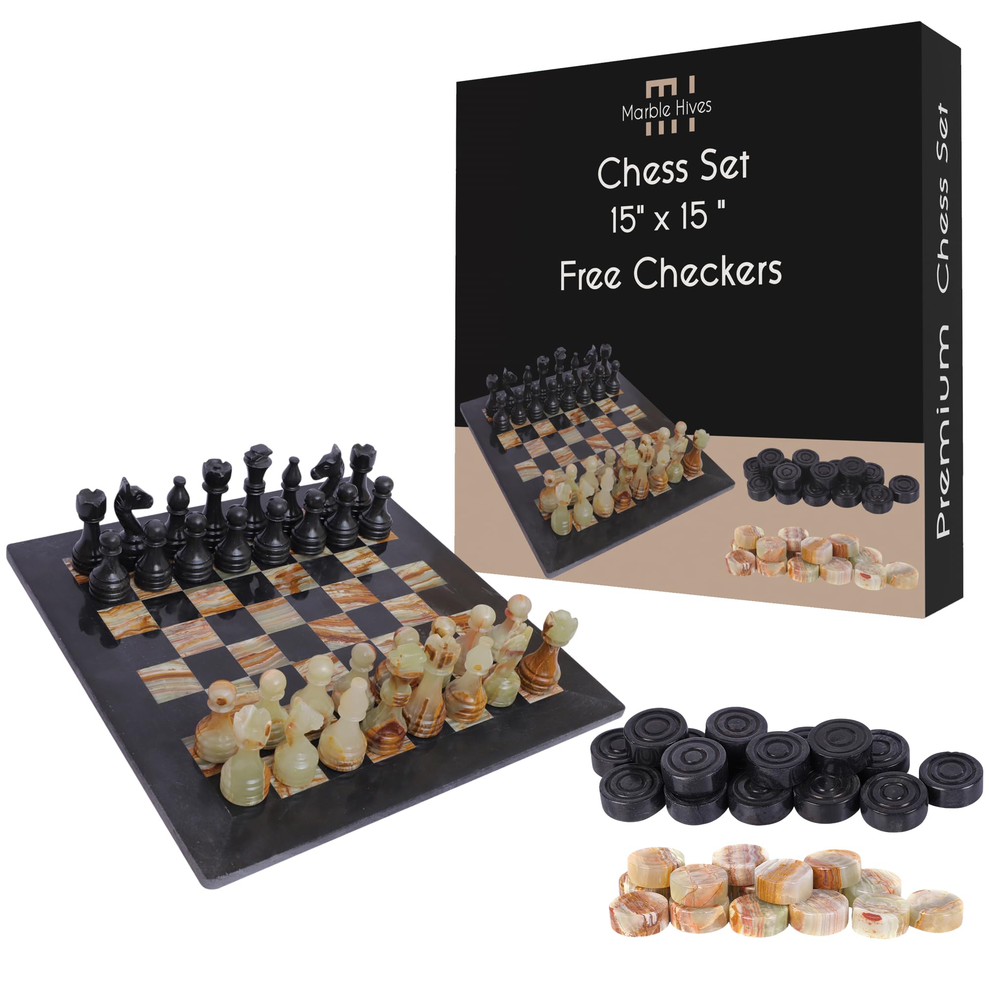 Handmade Marble Chess Set - (15 x 15 Inches) - Marble Chess Sets for Adults - Premium Quality Chess Boards - Fancy Chess Boards With Checkers (Black & Green)