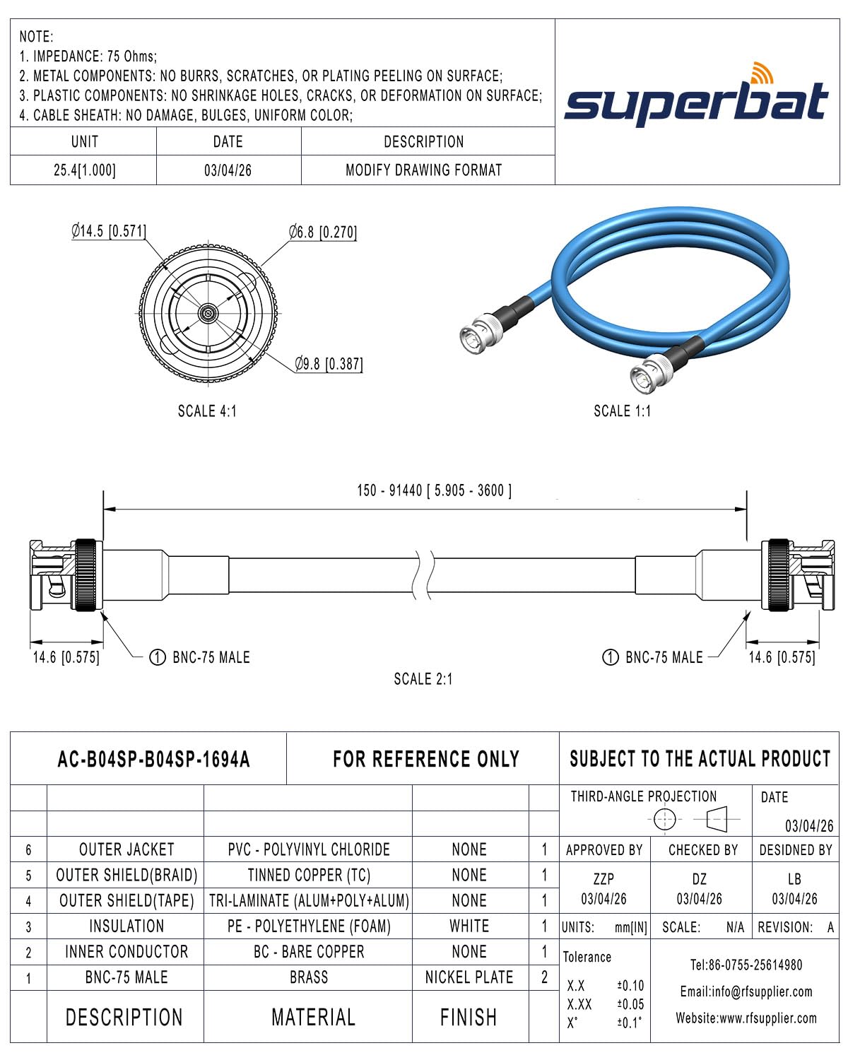 Superbat Cavo SDI 3G/6G/12G 61m Cavo Audio Digitale BNC Maschio a Maschio Belden 1694A 75 Ohm per Telecamere e Attrezzature Video, Supporta HD-SDI/3G-SDI/4K/8K(1 Pezzo)