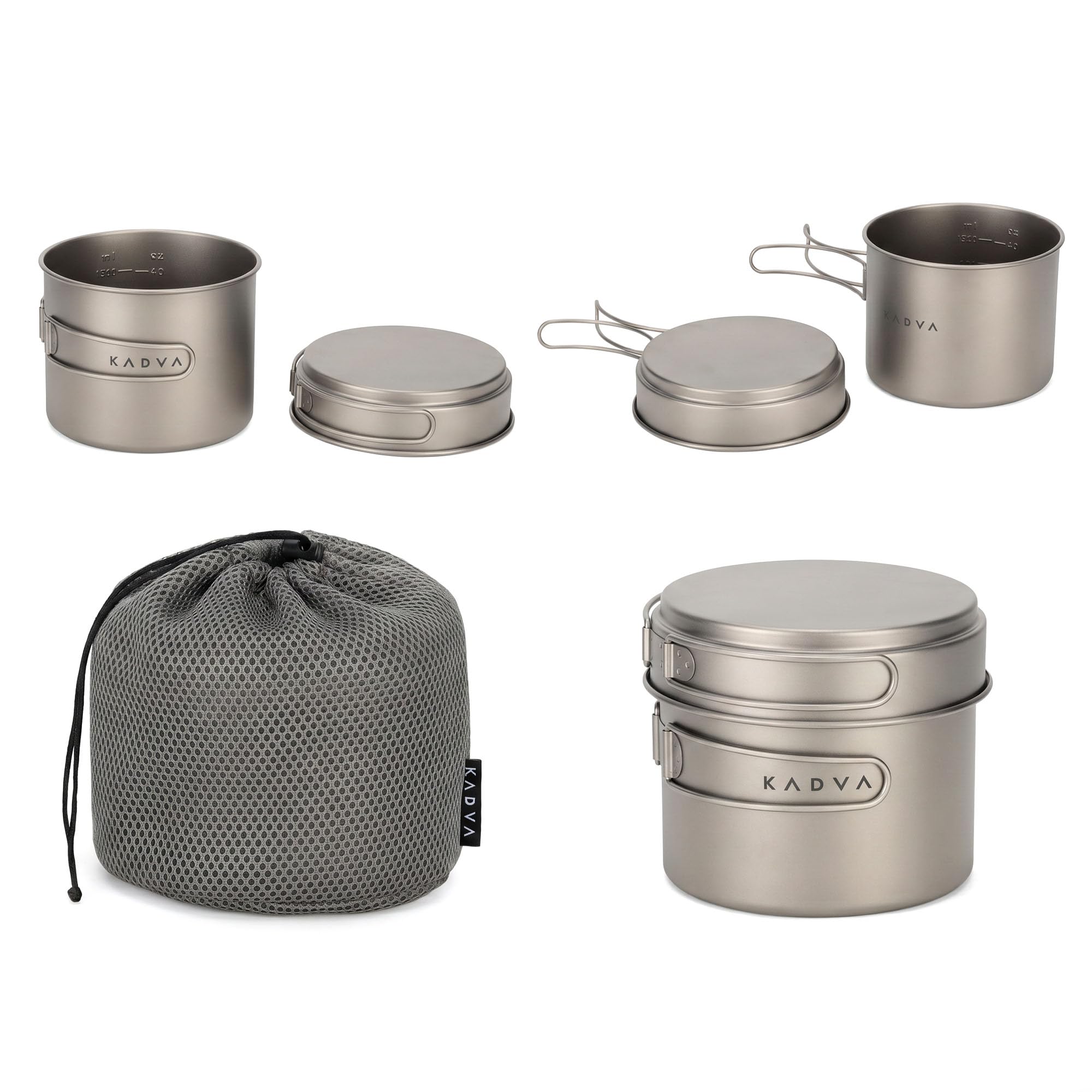 KADVA Titan - Set di pentole da campeggio da 1600 ml, per trekking e attività all'aperto | Set di 2 pentole in titanio con pentola e coperchio come padella, 0,25 kg, colore argento e compatto