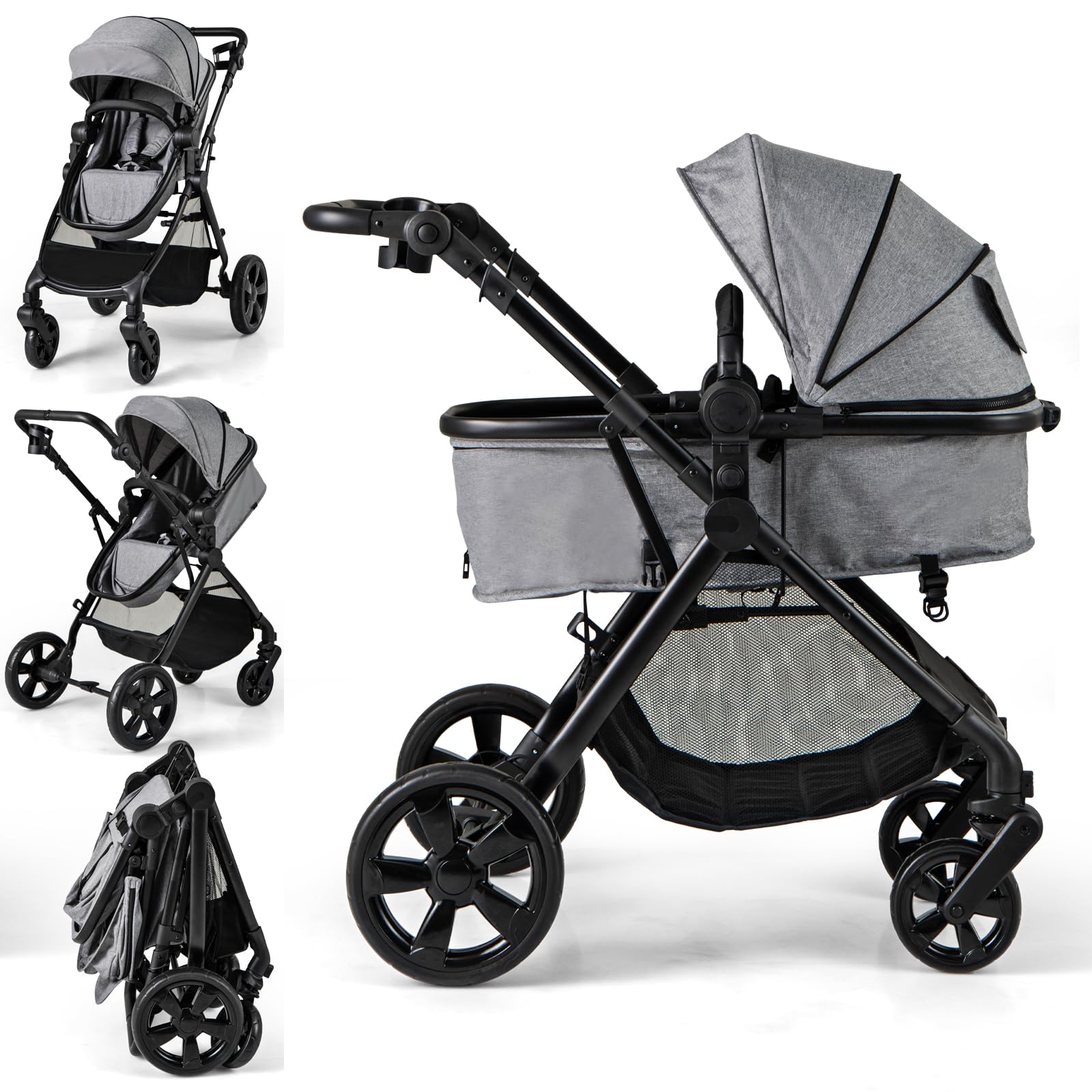 GYMAX Baby Stroller, Foldable Toddler Pushchair with Adjustable Backrest/Canopy/Handle and Storage Bag, Convertible Buggy Pram for 0-3 Years Old Infant Kids (Gray)