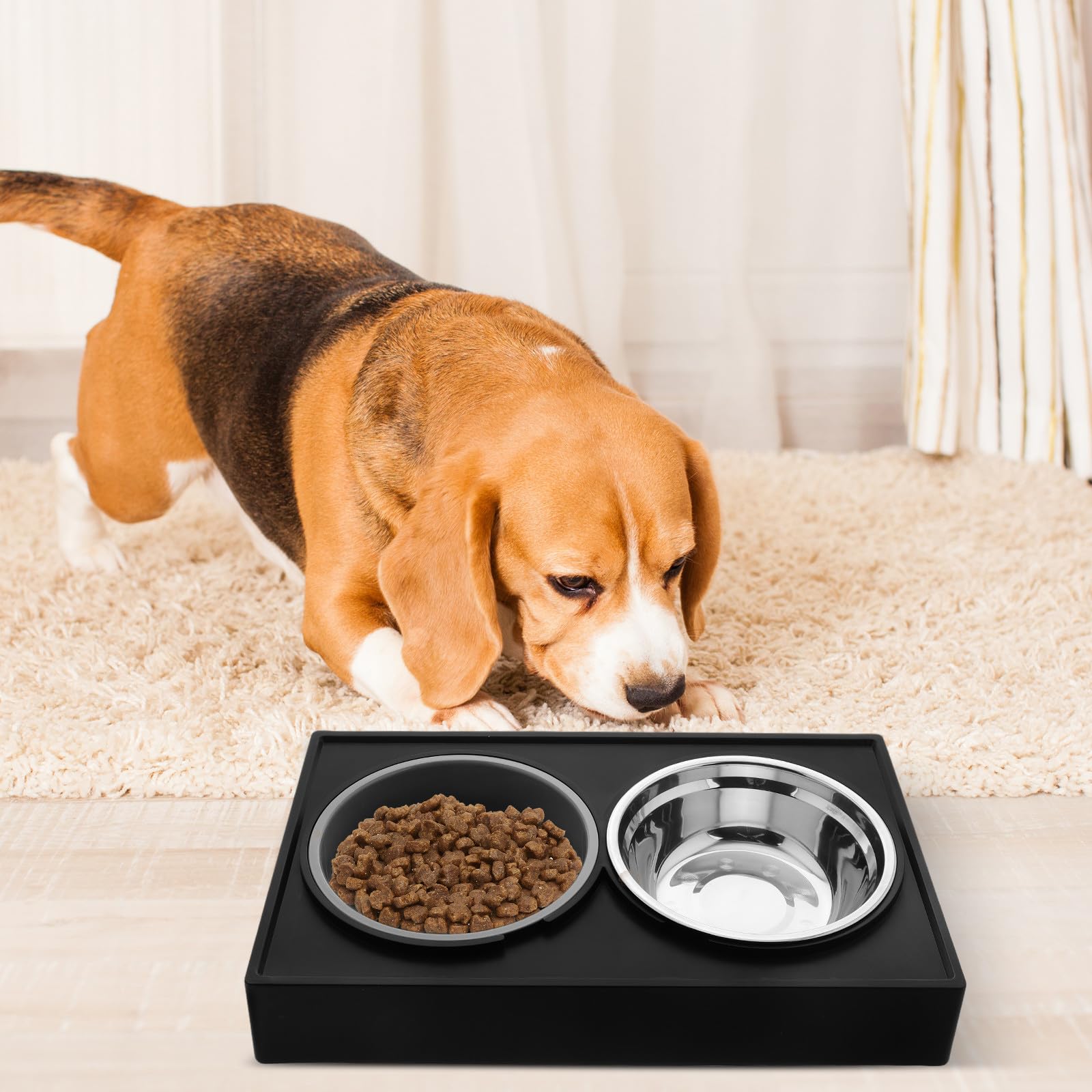 POPETPOP Gamelle pour Chat Gamelle Anti-glouton pour Chien en Acier Inoxydable et Abs, Double Bol Surélevé, pour Nourriture et Eau, Chats et Chiens, Maison et Extérieur