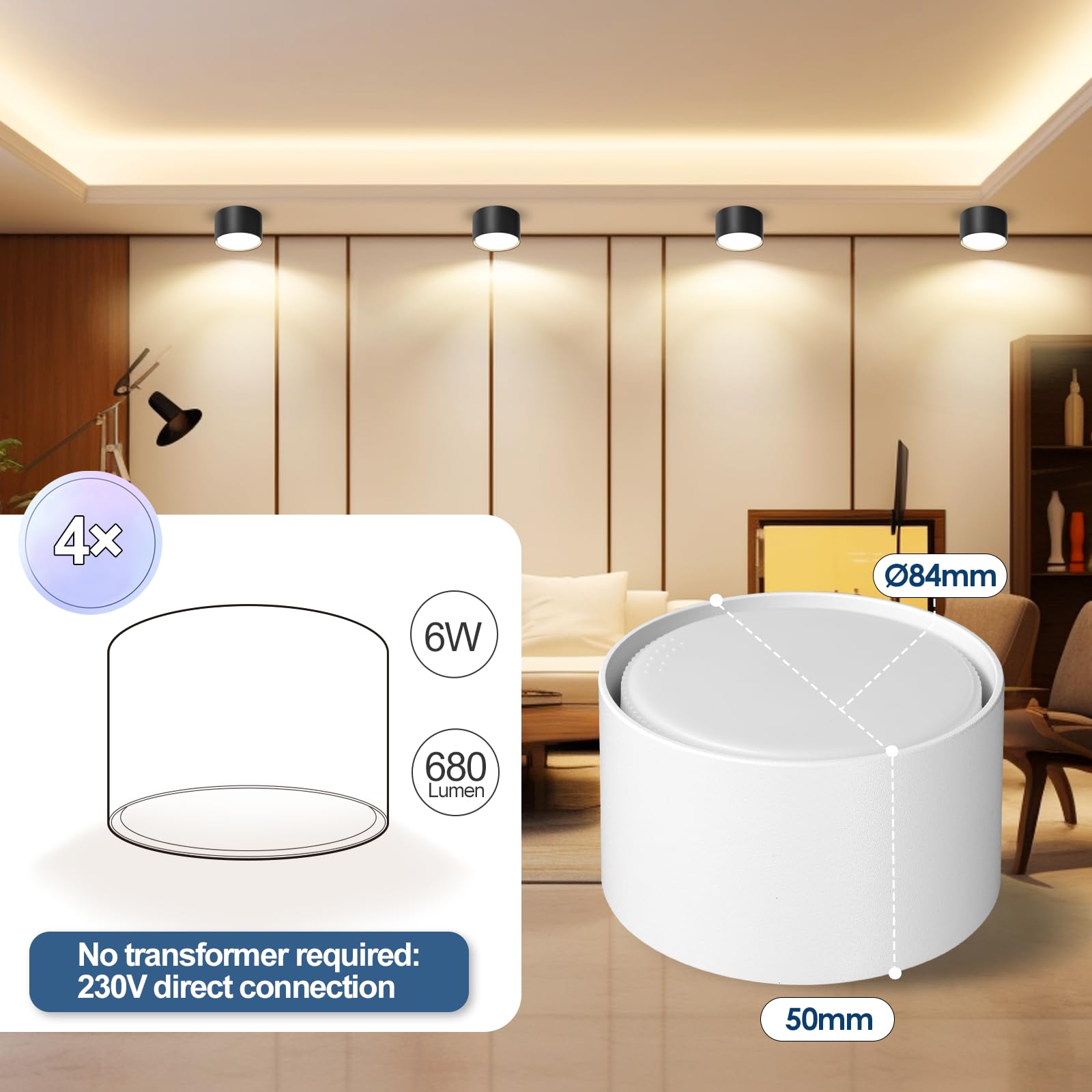 GeyouLux 4x Faretti LED Soffitto - Ø84x50mm - 6W 680LM Faretto LED Interno - 4000K LED GX53 230V Incluso - Angolo del fascio di 180° - Alluminio Lampada da Soffitto (Bianco)