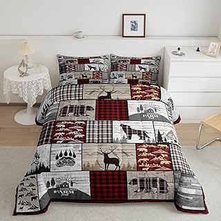 Plaid Deer Elk Bear Wolf Comforter Set for Girls Boys Rustic Cabin Farm Forest Camping Hunting Comforter Farm Forest Bedding Set Farmhouse Lodge Duvet Set Full Size Quilt Set
