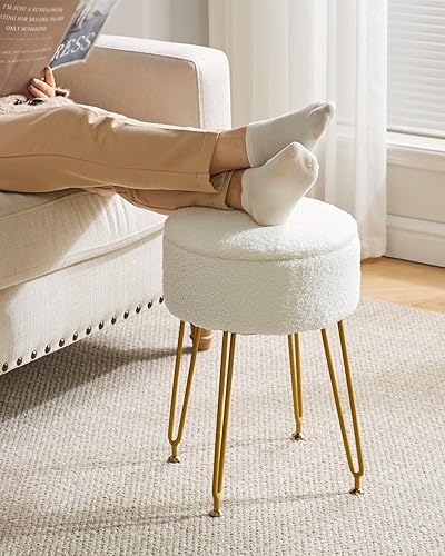 Miniatura 6 de IBUYKE Taburete Otomano con Almacenamiento de Terciopelo Estilo Teddy, Taburete de Maquillaje con Mesa Lateral Desmontable, Patas de Acero Dorado,