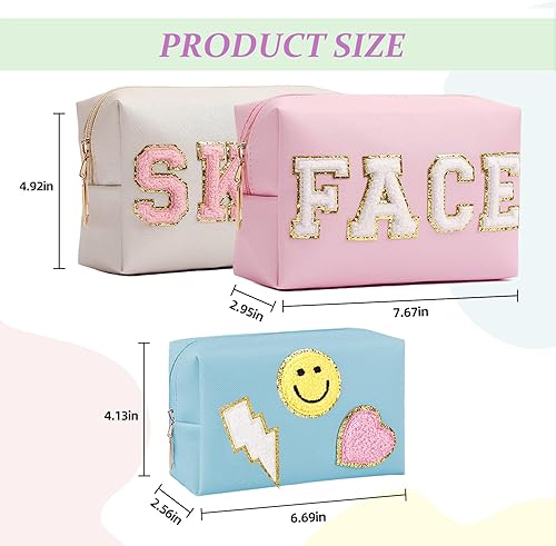 Miniatura 9 de GEMLORD Bolsa de maquillaje de 3 piezas con parches de preparación previa, pequeña bolsa de cosméticos con letras de chenilla, de piel sintética,