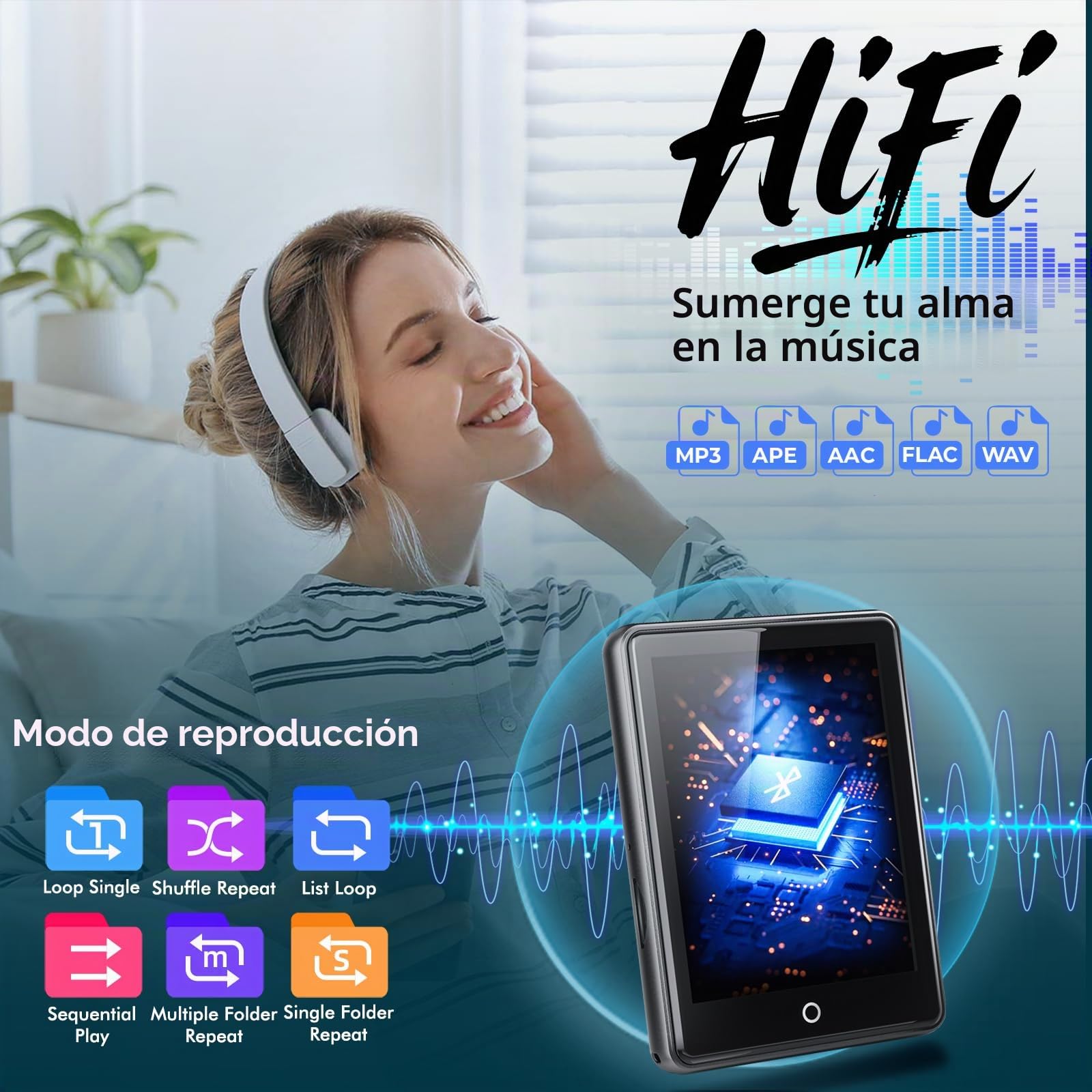 Reproductor de MP3 de 64 GB Bluetooth 5.3, pantalla táctil de 2,8 pulgadas, carcasa de zinc, sonido Hi-Fi y altavoz, 48 horas de duración de la batería, ruido blanco (18 sonidos), incluye auriculares