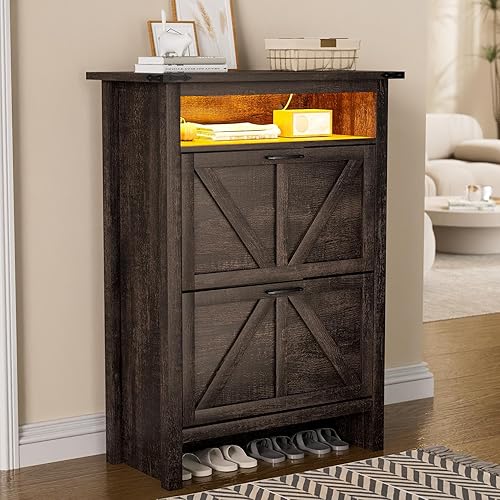 Vista 8 de MU Zapatero de ratán natural, zapatero de entrada con 2 cajones abatibles y armario oculto, gabinete organizador de zapatos bohemio, armario