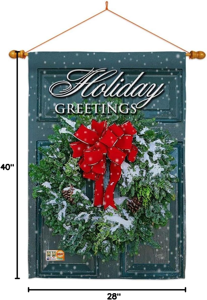 Holiday Greeting Wreath House Flag Dowel Set Wintertime Winter Wonderland Snowflake Snowman Ice Skate Season Snow Small Decorative Gift Yard Banner Made In USA 28 X 40