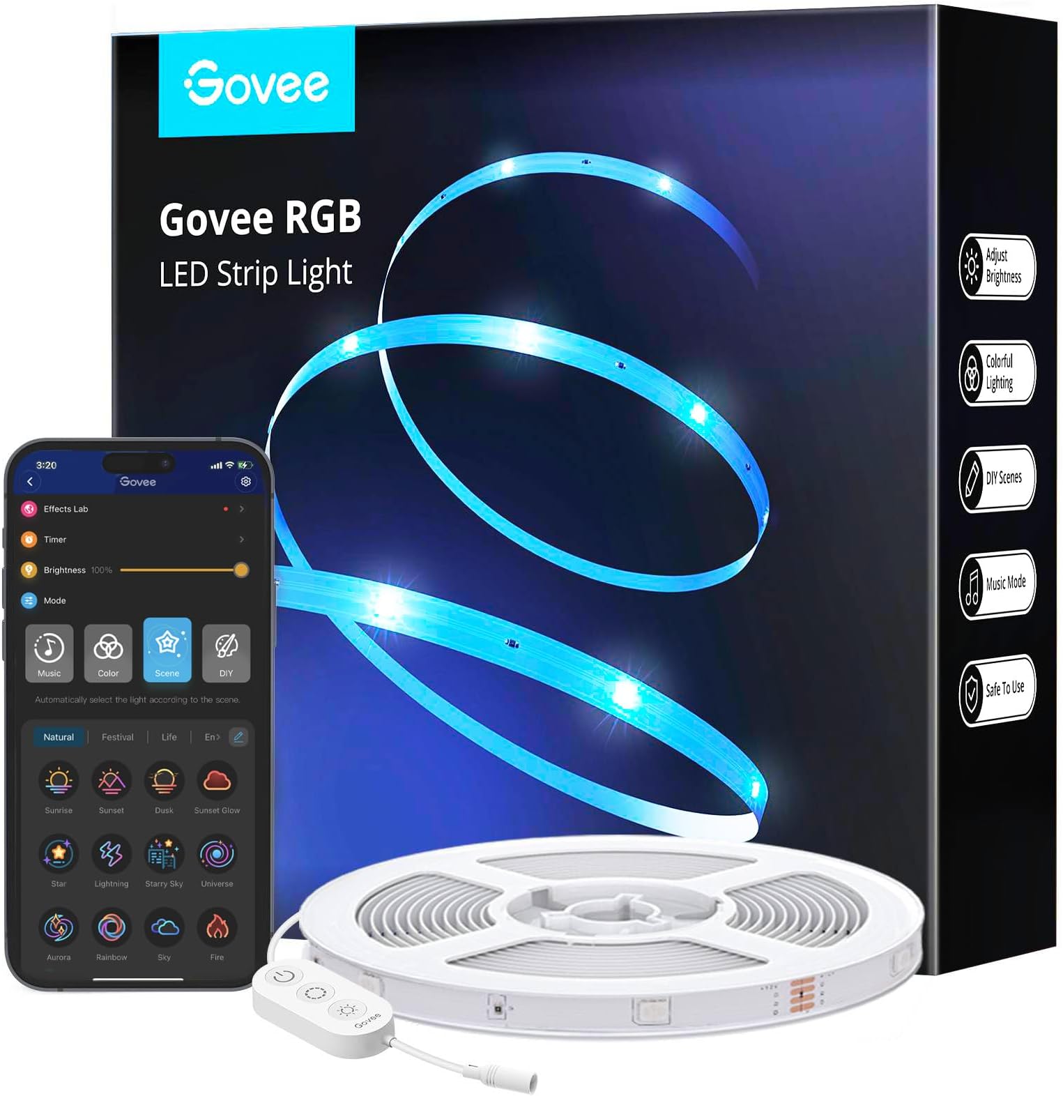 Govee 16.4ft LED Strip Lights, Bluetooth RGB Christmas LED Lights with App Control, 64 Scenes and Music Sync LED Strip Lighting for Bedroom, Living Room, Kitchen, Party, ETL Listed Adapter