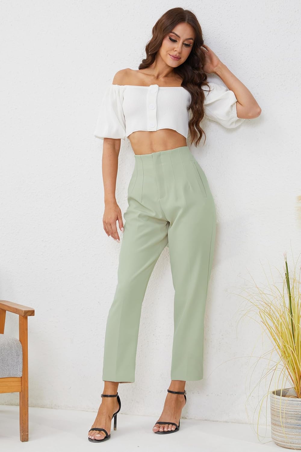 Women's High Waisted Business Trousers Straight Leg Pleated Office Slacks Pants - Image 2