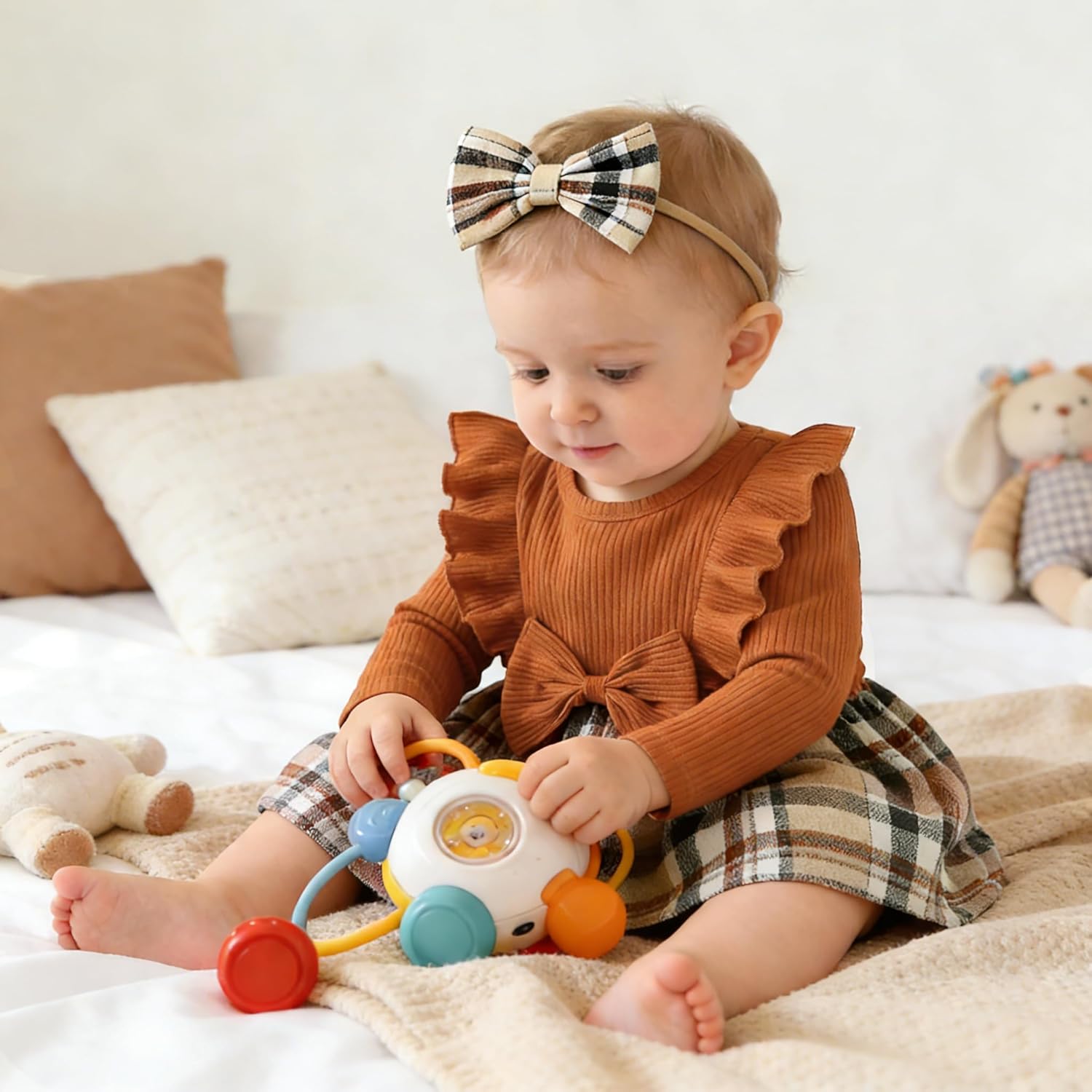 Magic Park 0-24M Baby Toddler Girls Ruffle Long Sleeve Bodysuit Ribbed Plaid Romper Dress Fall Winter Outfit with Headband - Image 2