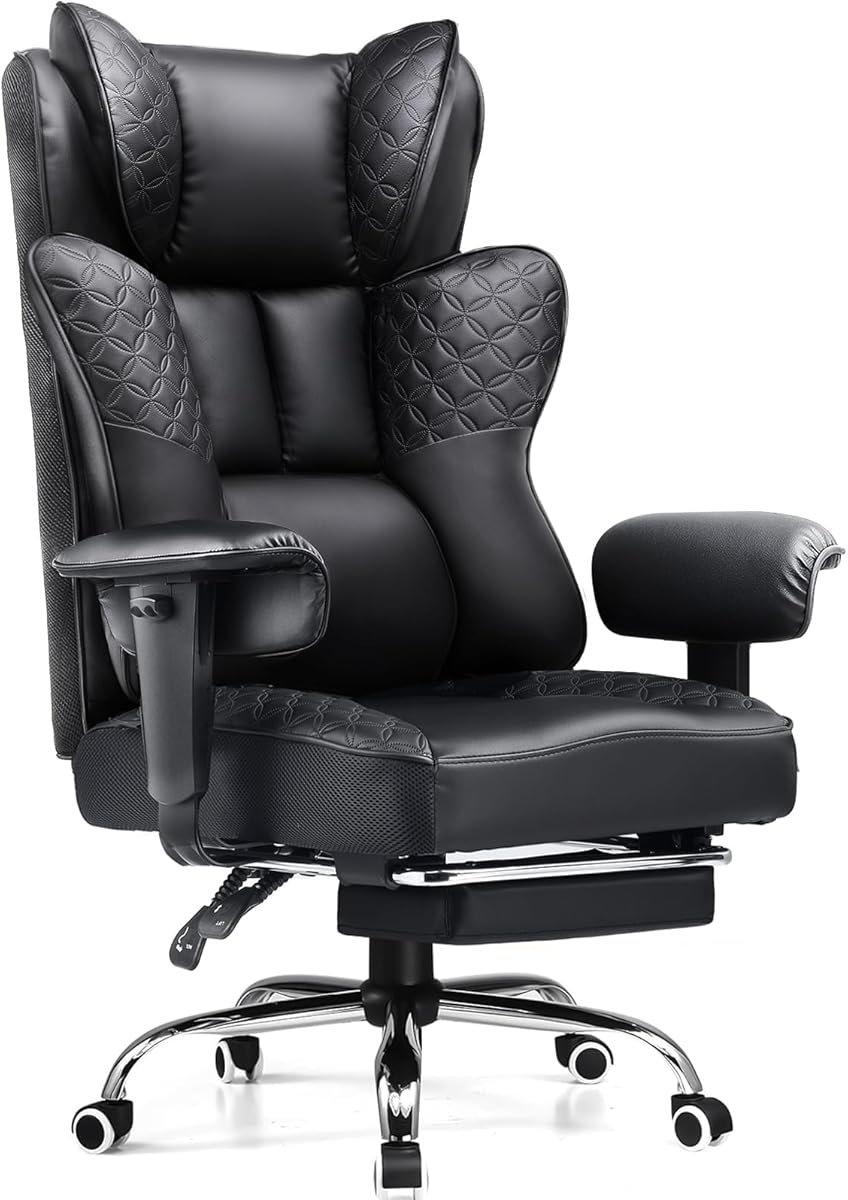 GTPLAYER Big and Tall Office Chair 400LBS Wide Ergonomic Gaming Chair with Deluxe Embossing Designed Leather with Foot Rest,150°Reclining Adjustable Soft Armrests Pocket Spring Back Support and Pillow