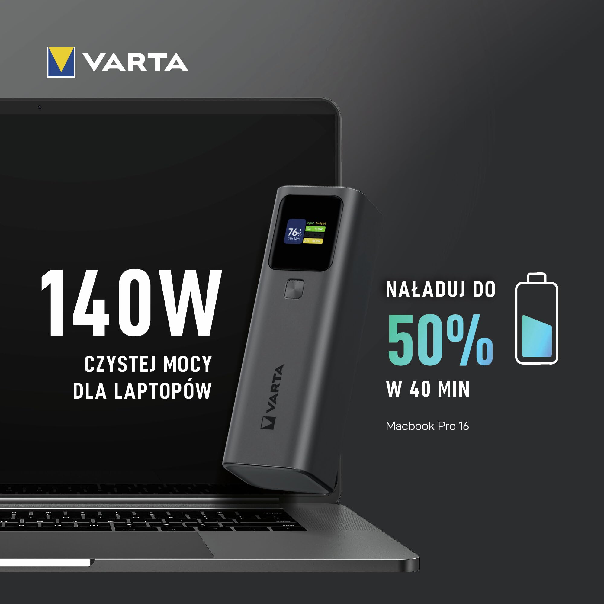 Superszybki VARTA Power Bank 140 W 27000mAh, 2x USB-C, 1x USB-A, powerbank do laptopa, smartfona i tabletu, wyświetlacz cyfrowy, zdolny do lotu, w zestawie kabel 140 W