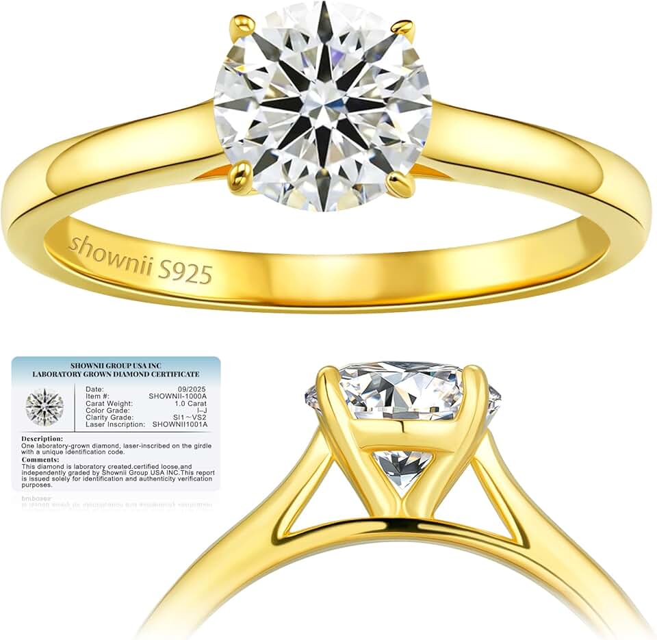 shownii Diamond Ring Certified LAB GROWN Round Diamond Engagement Rings for Women 0.5CT 1CT 14K Gold Plated Sterling Silver 4 Prong Solitaire Anniversary Wedding Promise Jewelry Gift (I-J Color, SI1-VS2 Clarity)