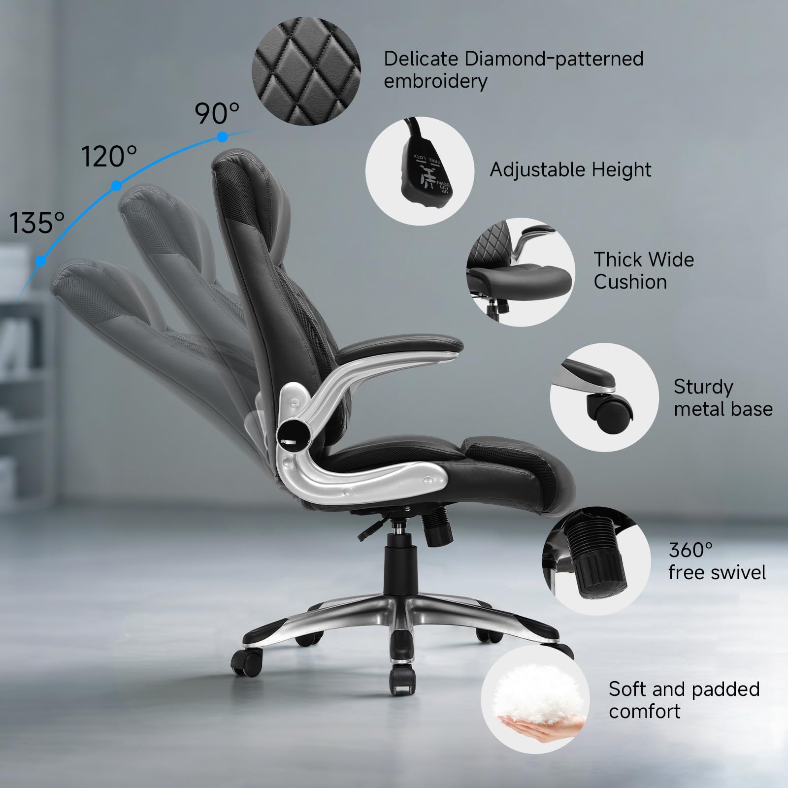 COMHOMA Silla de Oficina ergonómica con reposabrazos Plegables y Respaldo Alto, función basculante, Altura Regulable, Piel Resistente a los arañazos
