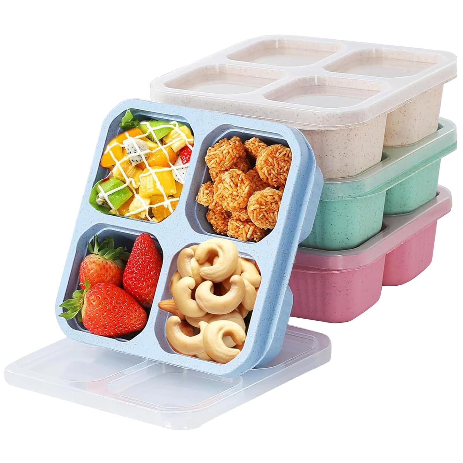 4 Pack Snack Containers with 4 Compartments & Transparent Lid, Reusable Bento Snack Box, Divided Food Storage, Kids Adults Meal Prep Lunch Boxes for School Travel Work Picnics(Green/Blue/Pink/Beige)