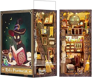FSOLIS DIY Book Nook Kit, DIY Miniatures Kit Booknook Magic Book Nooks with This 3D Wooden Puzzle Decorative Bookends Dollhouse Kit for Book Decor Book Nook Kits for Adults Magic Pharmacist