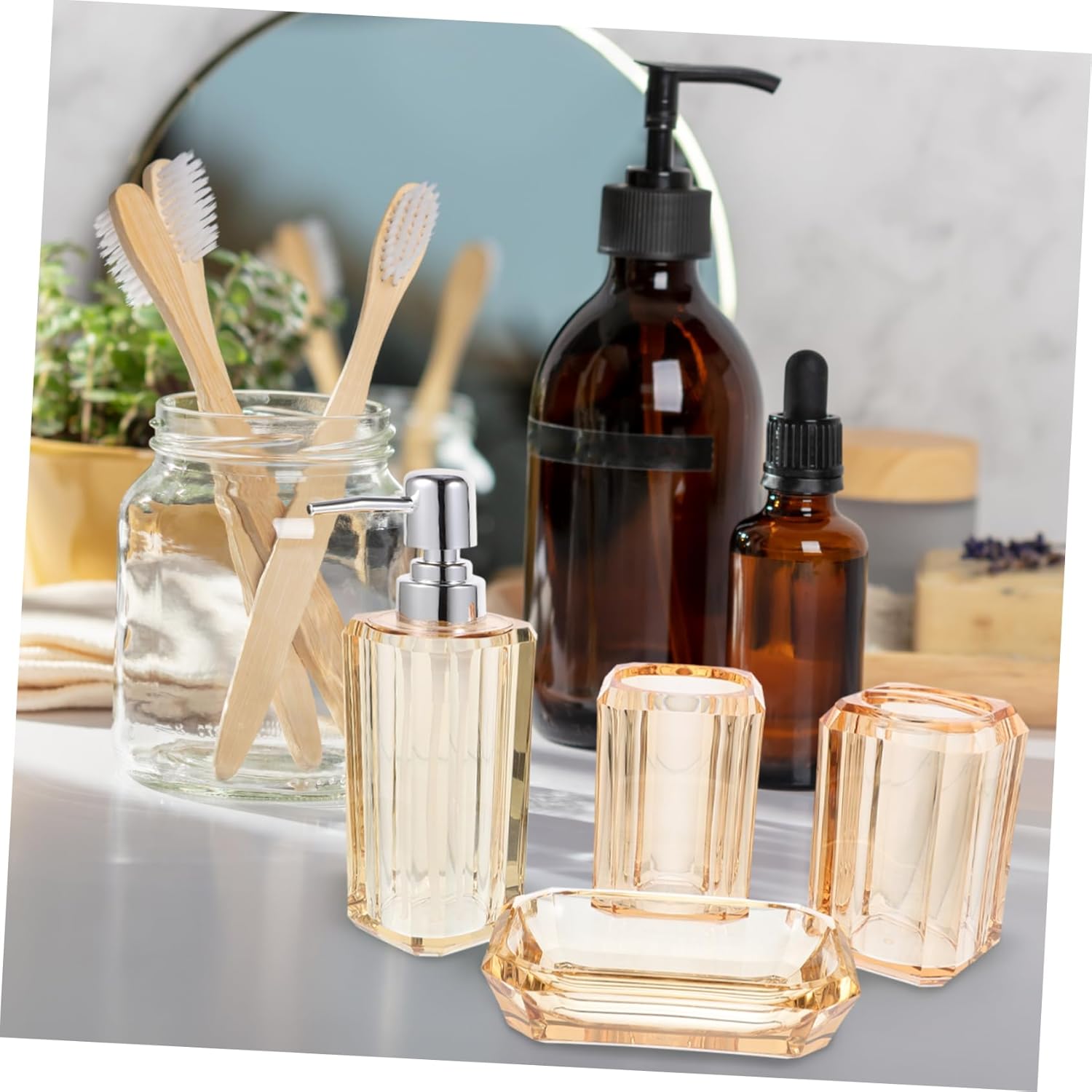 1Set Transparent Bathroom Toiletry Set with Soap Dispenser Toothbrush Holder Mouthwash Cup and Soap Dish Accessories for Organized Countertops