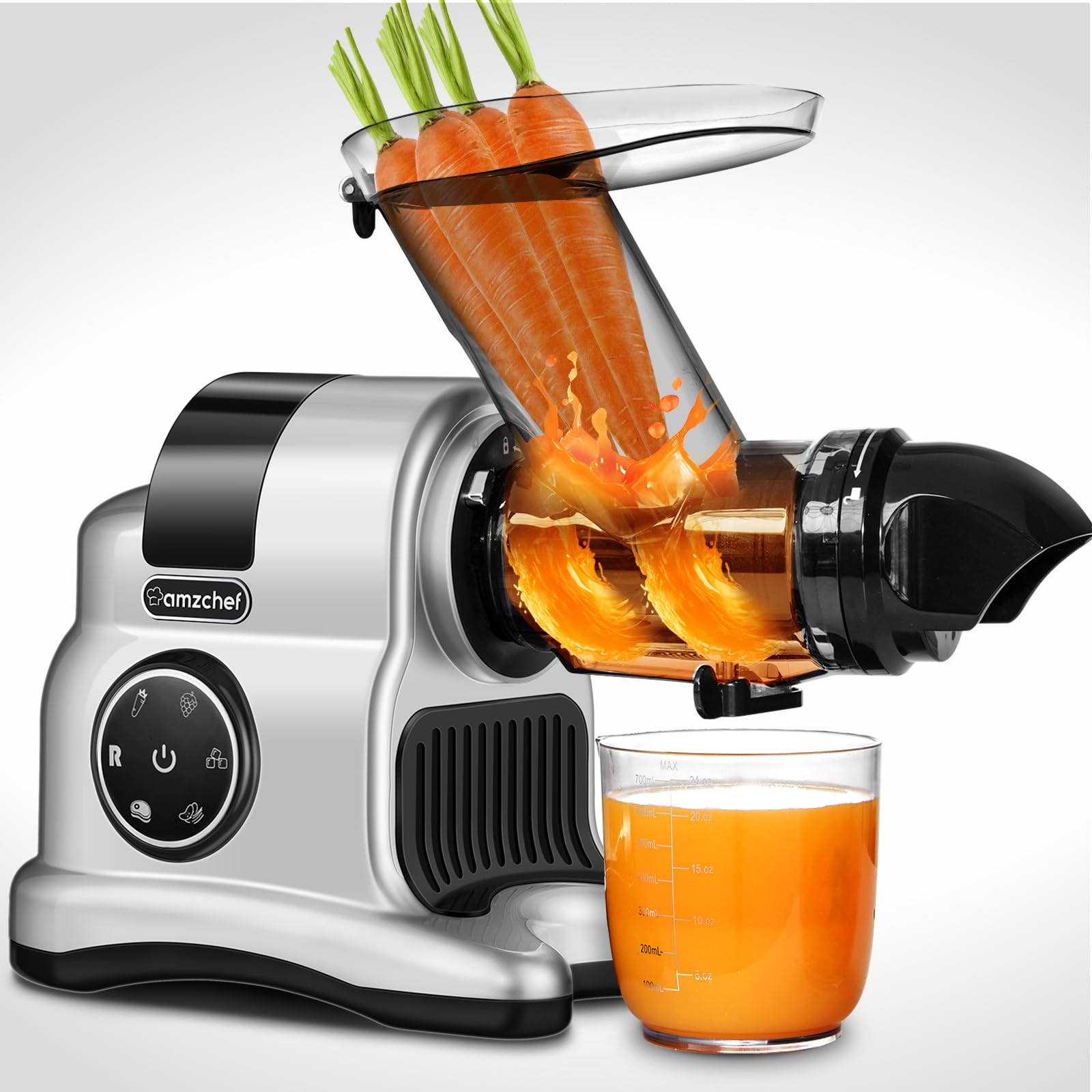 AMZCHEF Macchina 4-IN-1 | ①Estrattore / ②Grattugia Elettrica per Formaggio e Verdure / ③Tritacarne / ④Riempitrice per Salsicce | Argentori di Succhi con 80MM e Attacco Multifunzionale - Argento