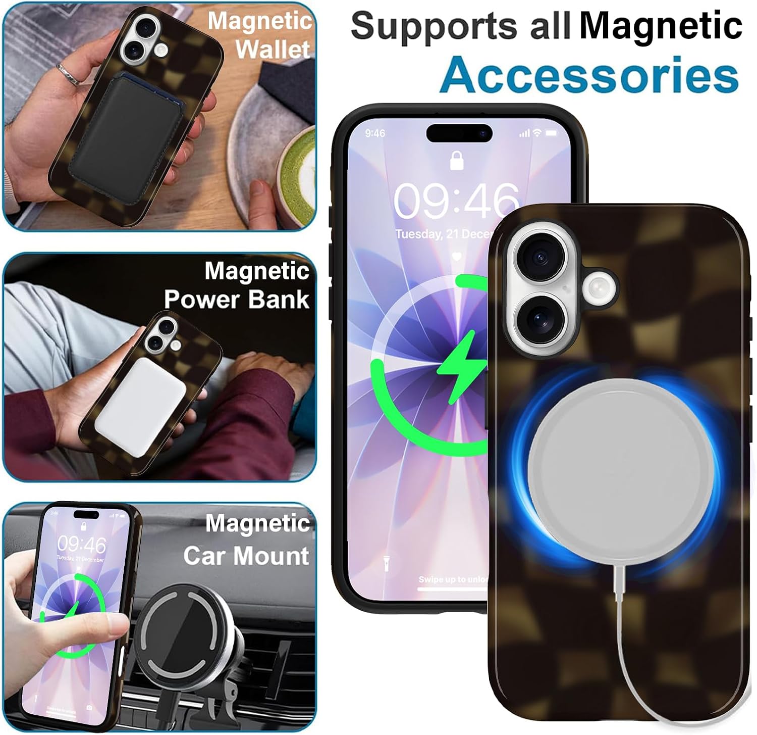 MZELQ Magnetic for iPhone 17 Case 6.3 in, Amber Black Brown Checkerboard Checkered Pattern [Compatible with Magsafe] 2 in 1 Glossy Shockproof Protection Hard Phone Cover for Women Men
