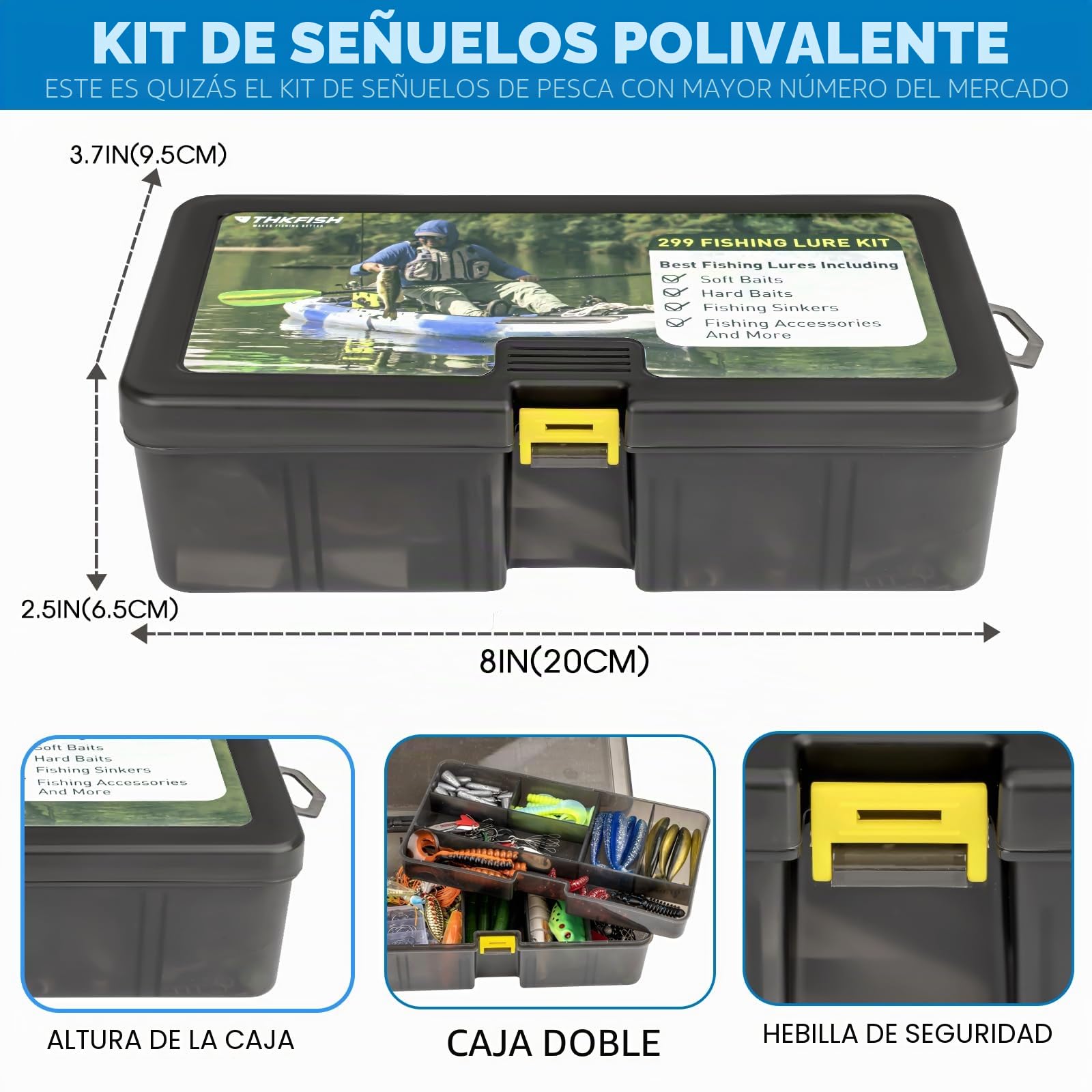 THKFISH Kit de señuelos de pesca, equipo de pesca de lubina para agua dulce y salada, caja de aparejos con aparejos incluidos, cebos de agua superior, cebo giratorio, rana, ganchos/pesos, accesorios