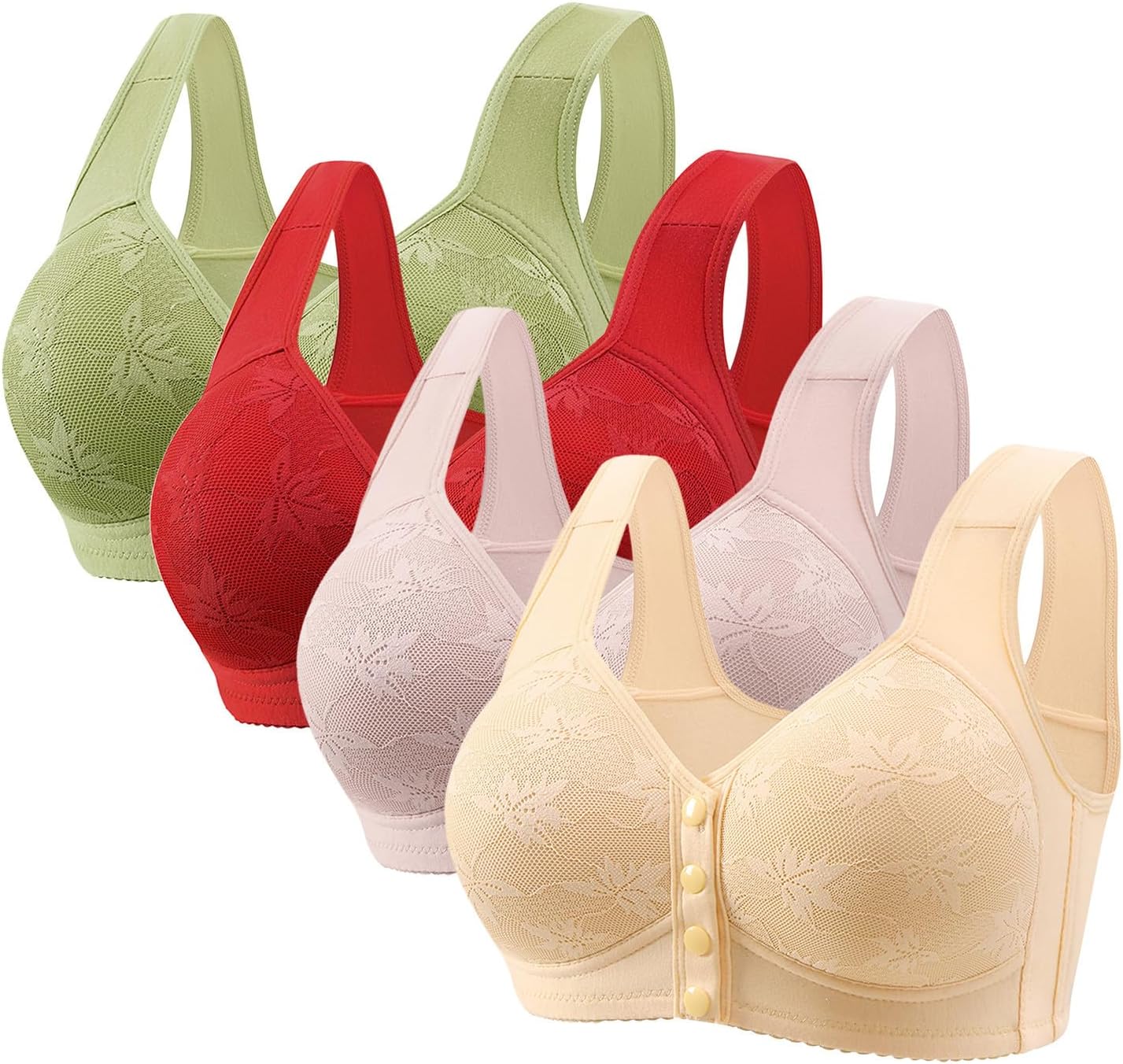 4 Pack Daisy Bras for Older Womens Front Closure Wireless Push Up Bras Everyday Wirefree Comfortable Sleep Bralettes