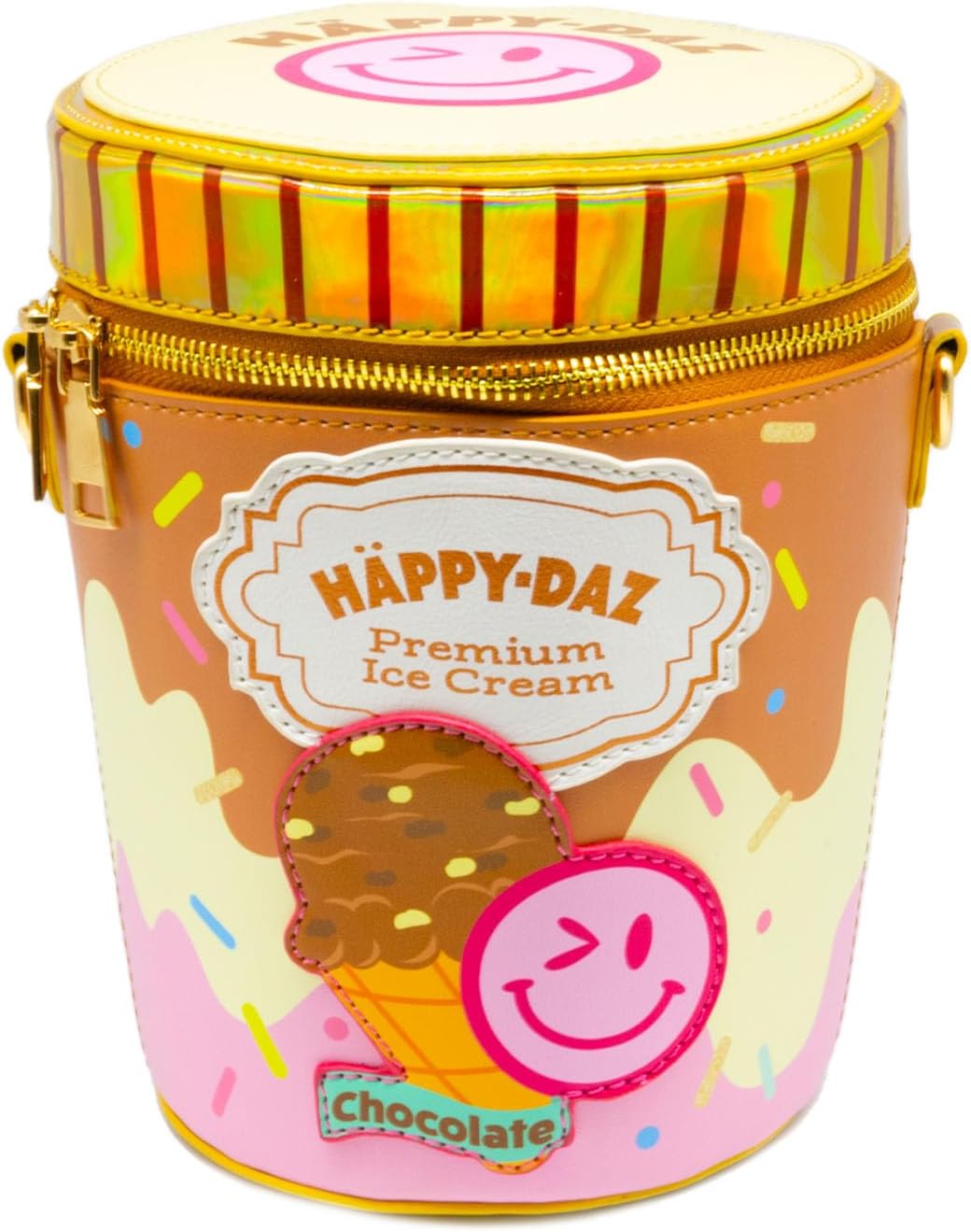 Bewaltz PU Leather Holographic Adjustable Strap Zipper Closure Milkshake Novelty Bag (Happy Daz Ice Cream Tub - Chocolate)